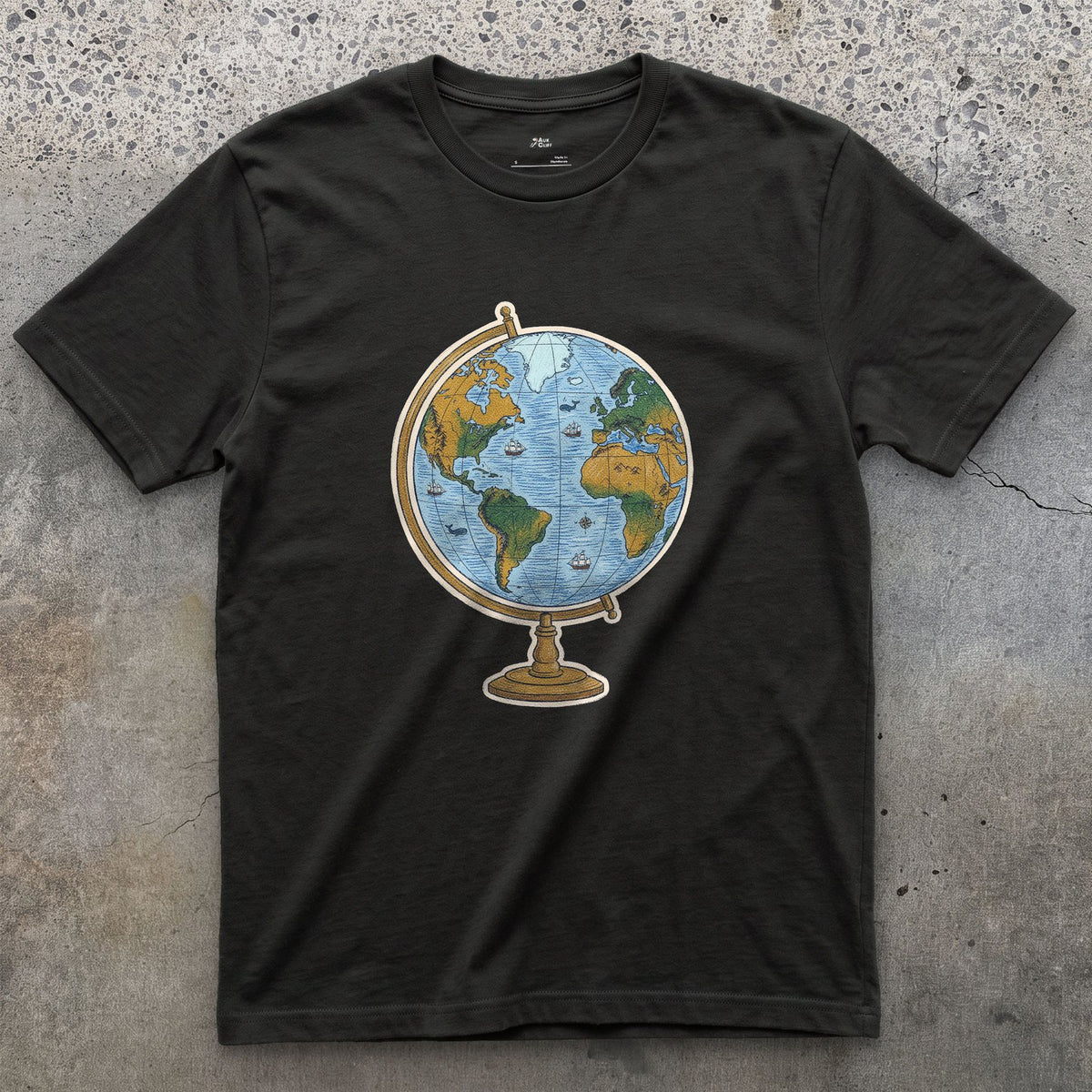 The Whole World on a Stand, Travel Globe design on a Black Gildan Softstyle t-shirt