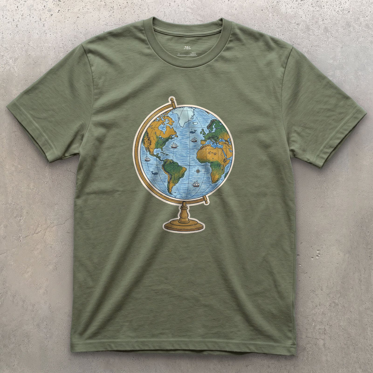 The Whole World on a Stand, Travel Globe design on a Military Green Gildan Softstyle t-shirt