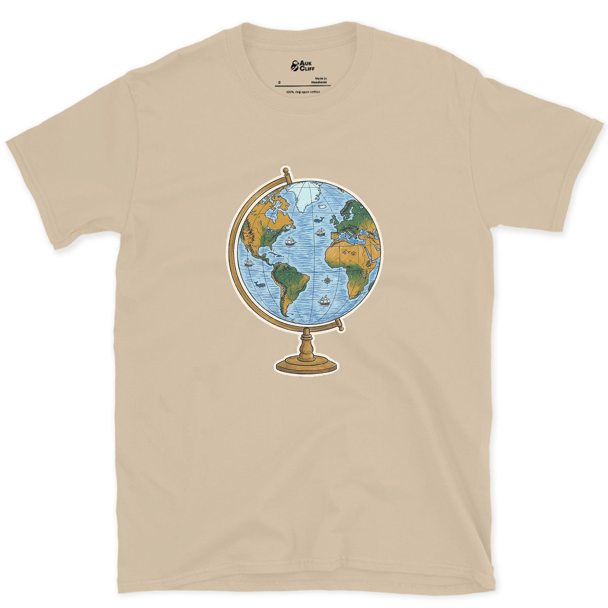 The Whole World on a Stand, Travel Globe design on a Sand Gildan Softstyle t-shirt