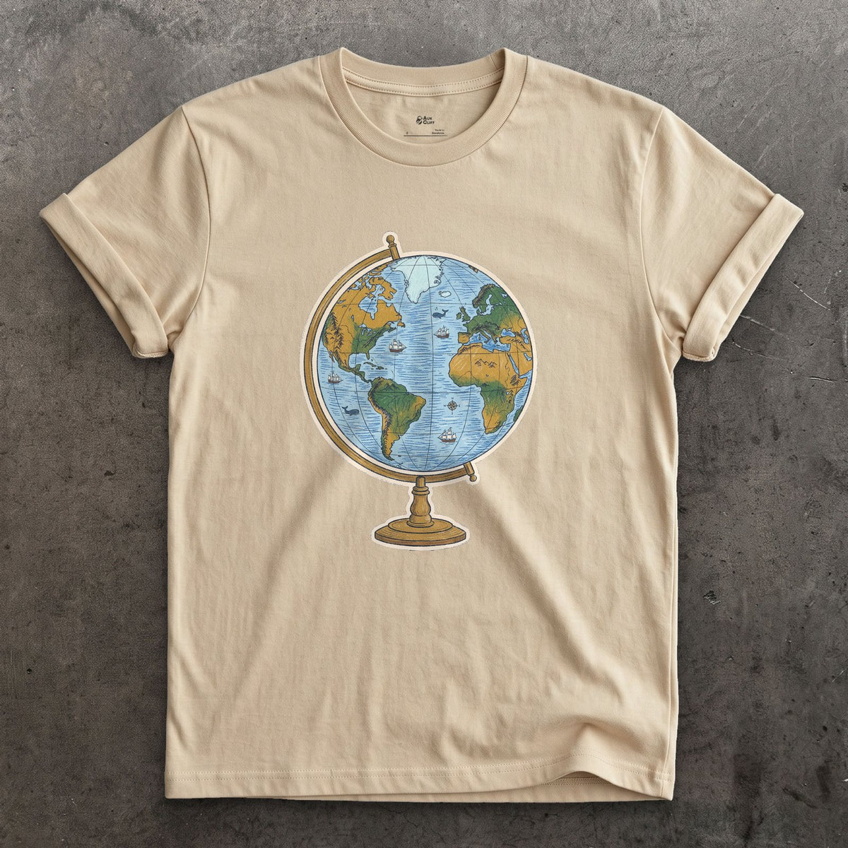 The Whole World on a Stand, Travel Globe design on a Sand Gildan Softstyle t-shirt