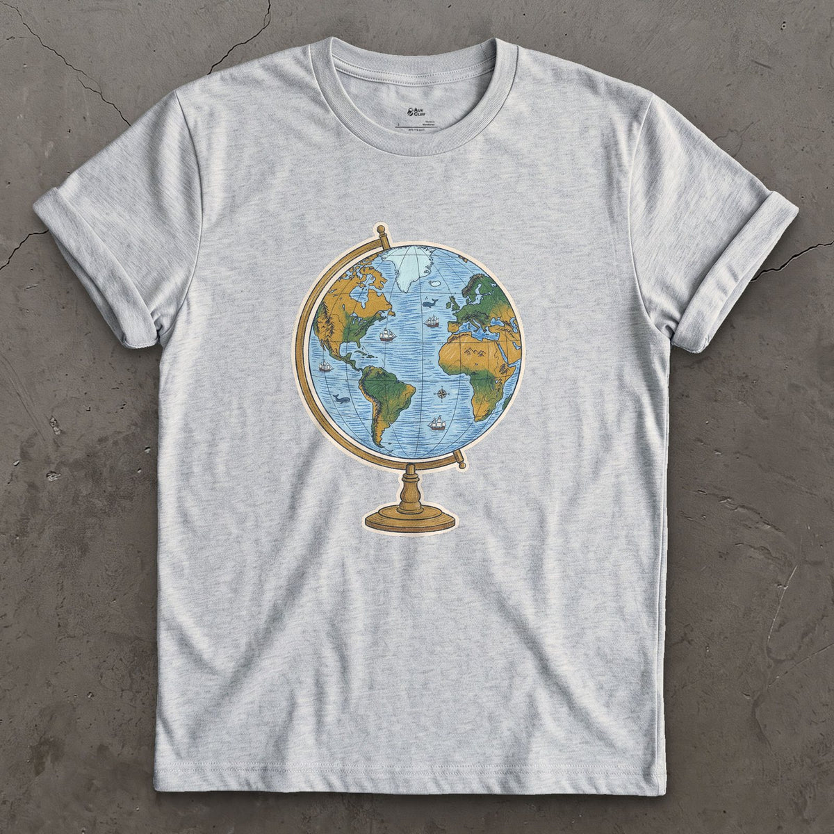 The Whole World on a Stand, Travel Globe design on a Sport Grey Gildan Softstyle t-shirt