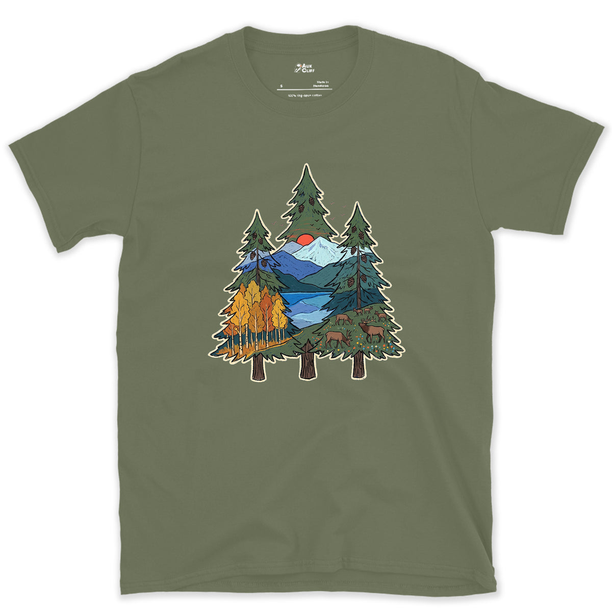 Three Pines Hold the Valley design on a Military Green Gildan Softstyle t-shirt