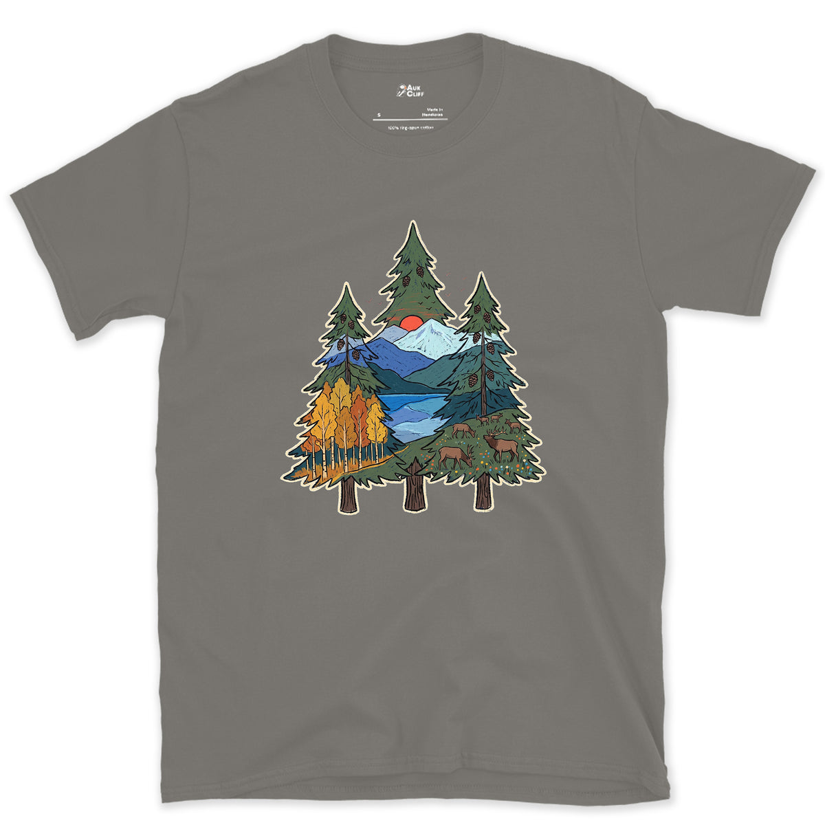 Three Pines Hold the Valley design on a Charcoal Gildan Softstyle t-shirt