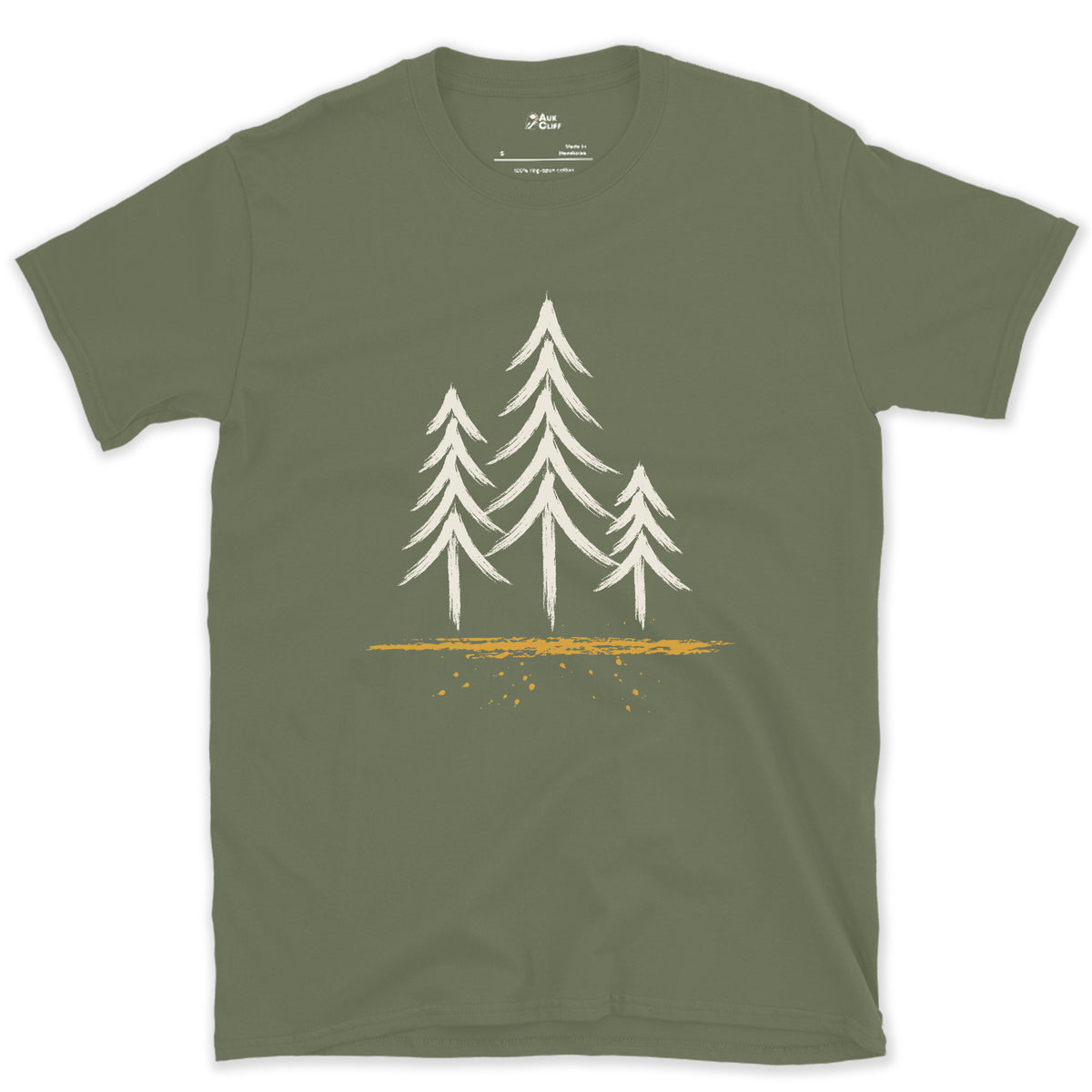 Three Pines, Three Heights design on a Military Green Gildan Softstyle t-shirt