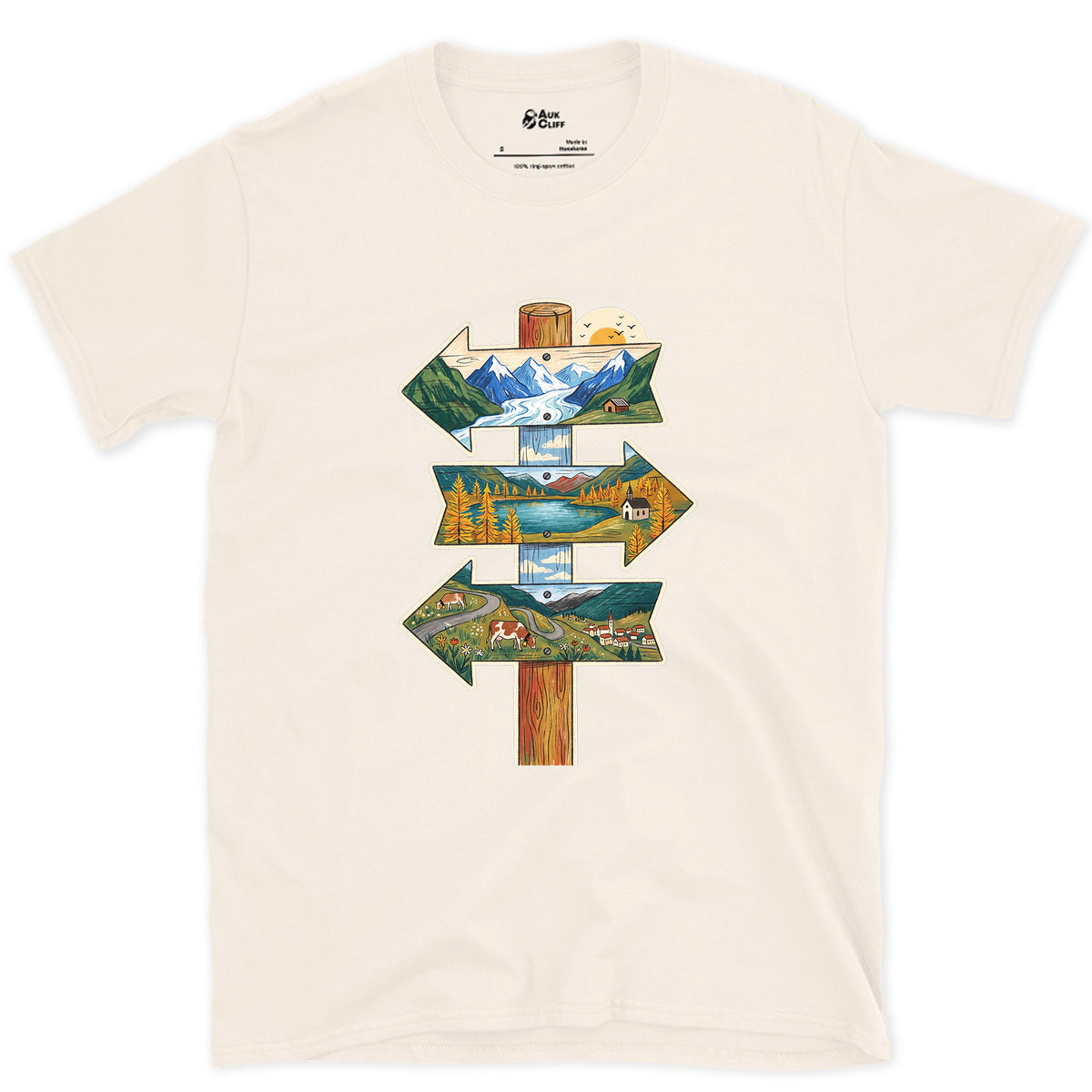 Three Ways Off the Pass, Summit Signpost design on a Natural Gildan Softstyle t-shirt