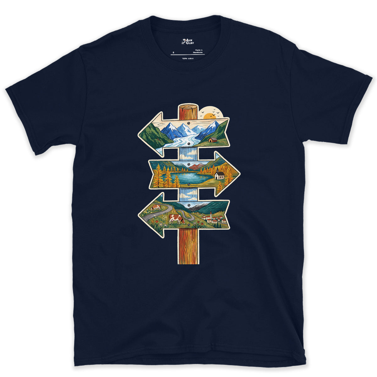 Three Ways Off the Pass, Summit Signpost design on a Navy Gildan Softstyle t-shirt