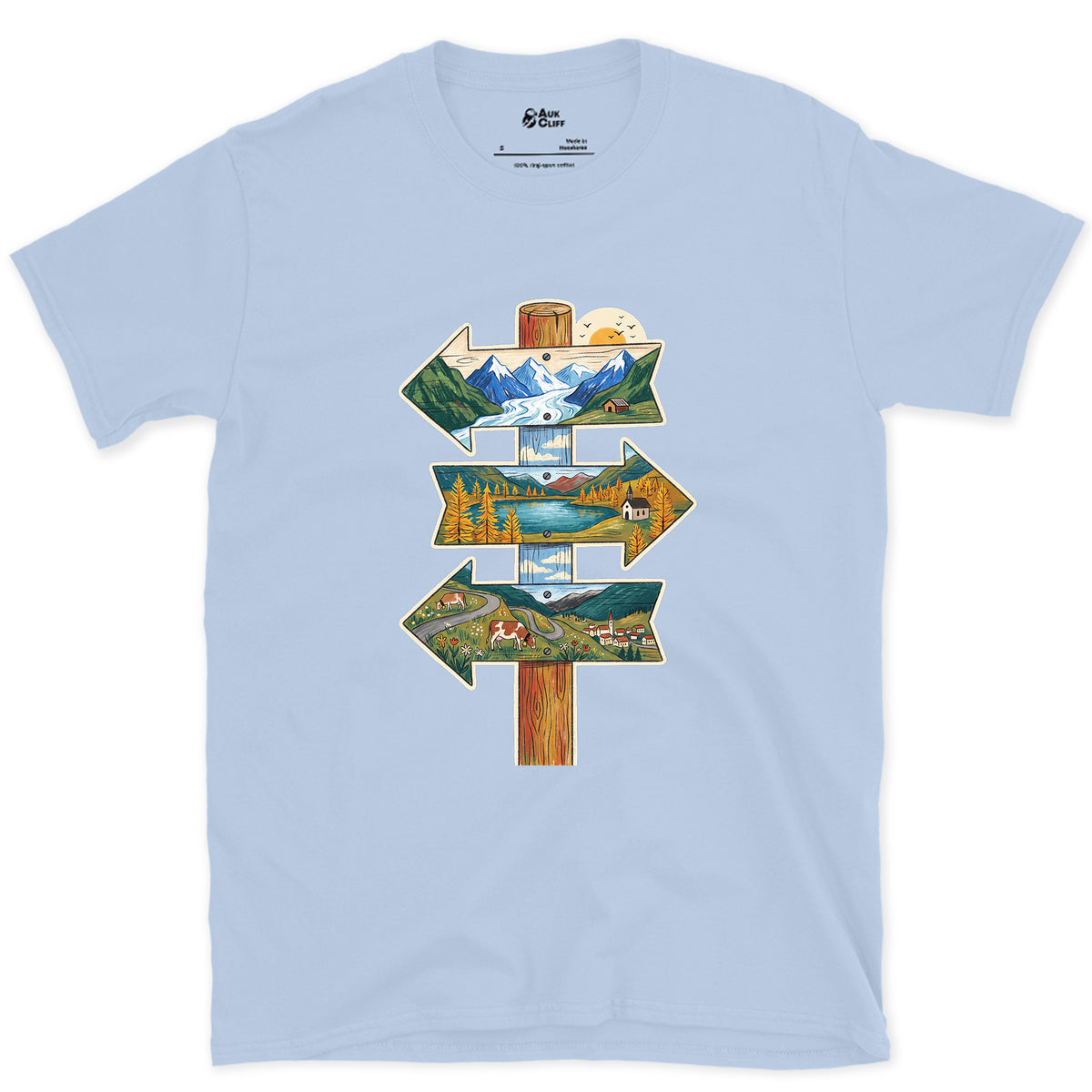 Three Ways Off the Pass, Summit Signpost design on a Light Blue Gildan Softstyle t-shirt