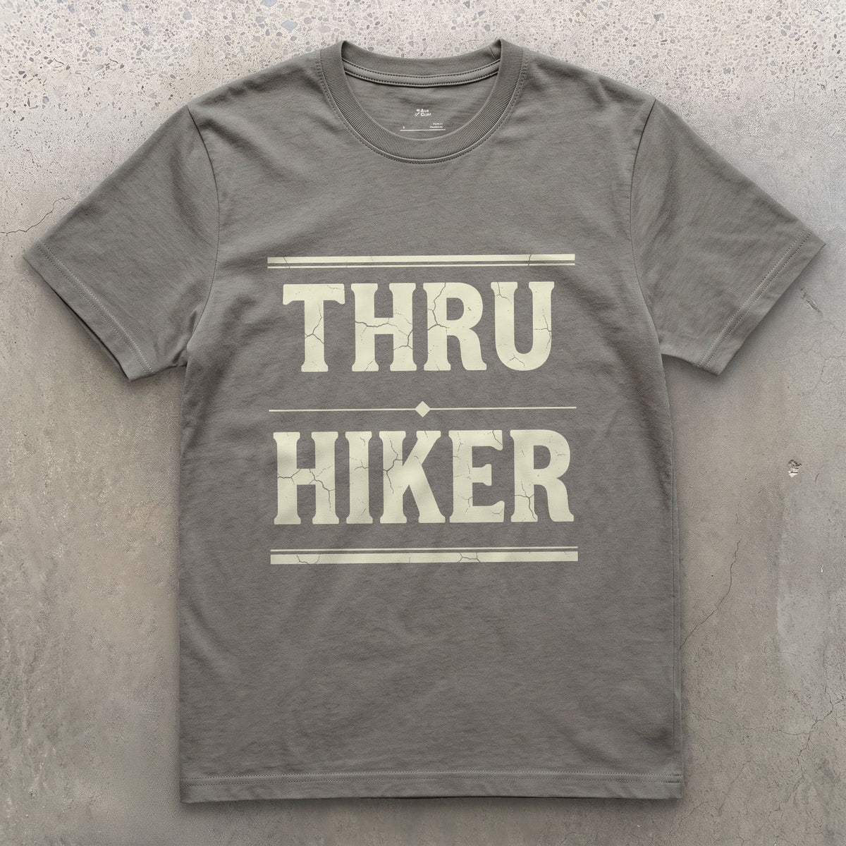Thru Hiker, One Trail Start to Finish design on a Charcoal Gildan Softstyle t-shirt