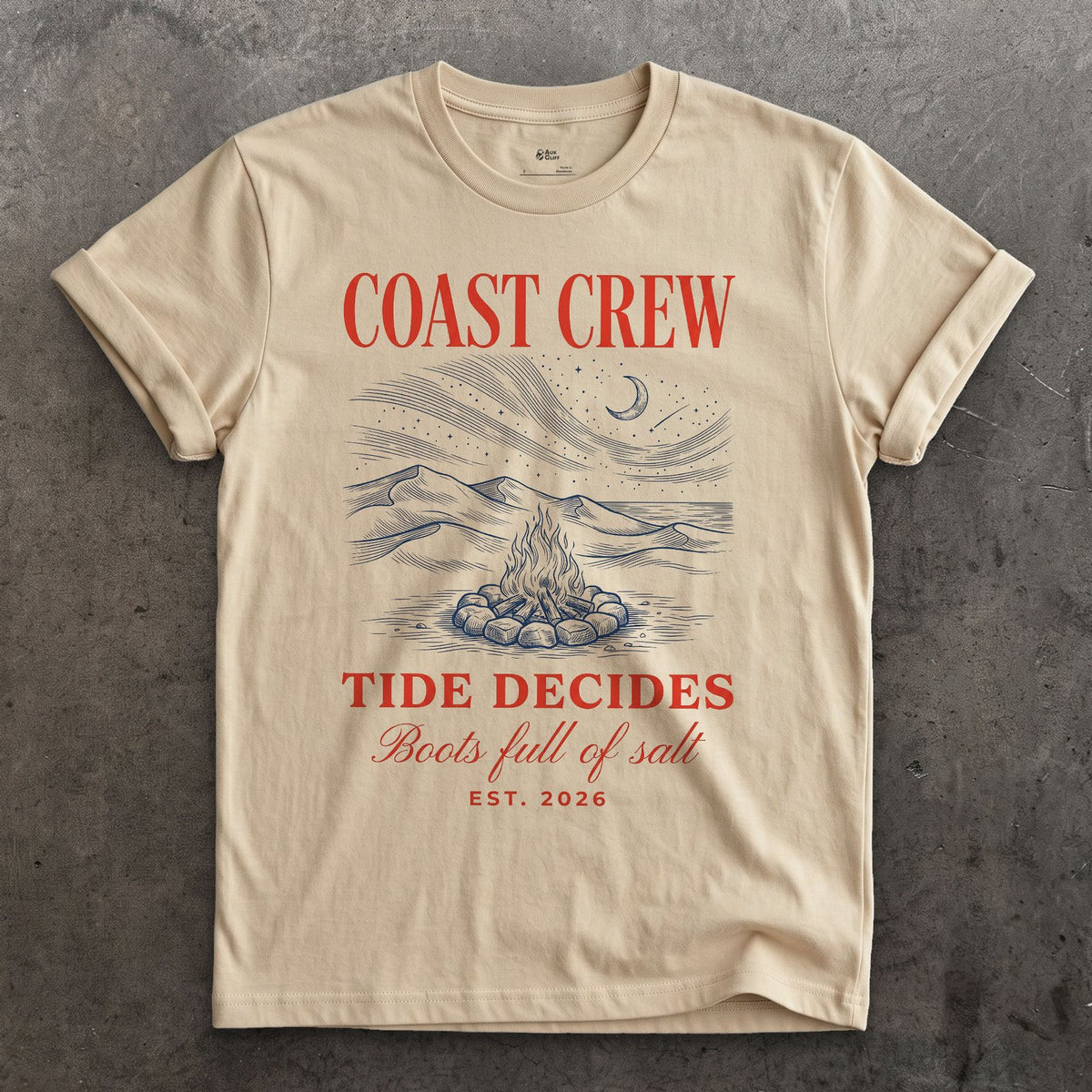 Tide Decides, Boots Full of Salt design on a Sand Gildan Softstyle t-shirt