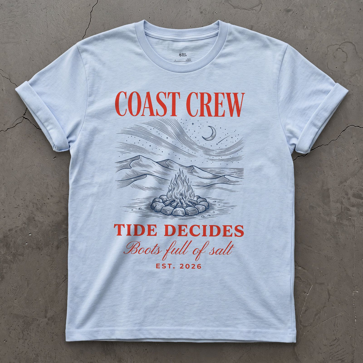 Tide Decides, Boots Full of Salt design on a Light Blue Gildan Softstyle t-shirt