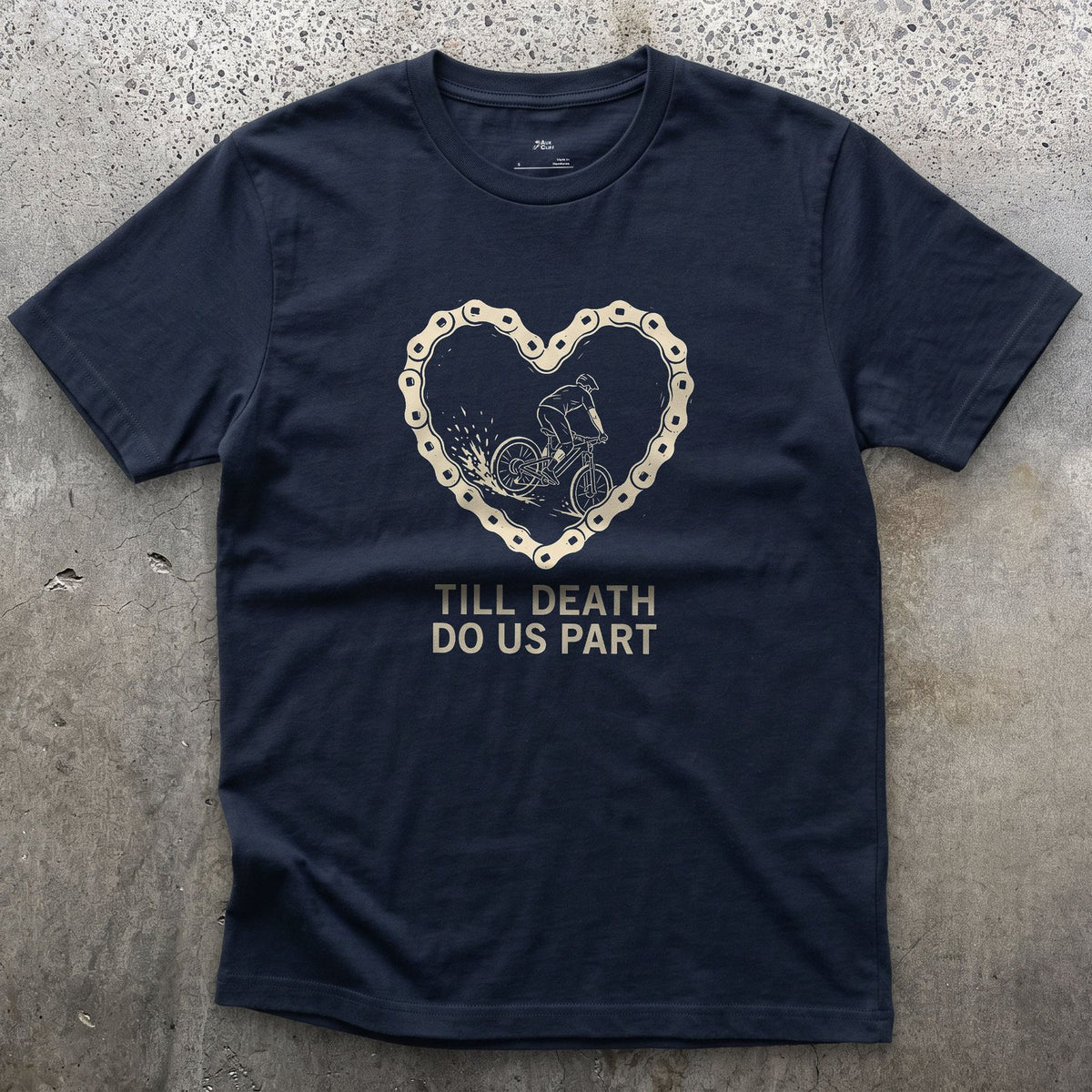 Till Death Do Us Part, Bold Rider in a Chain Heart design on a Navy Gildan Softstyle t-shirt