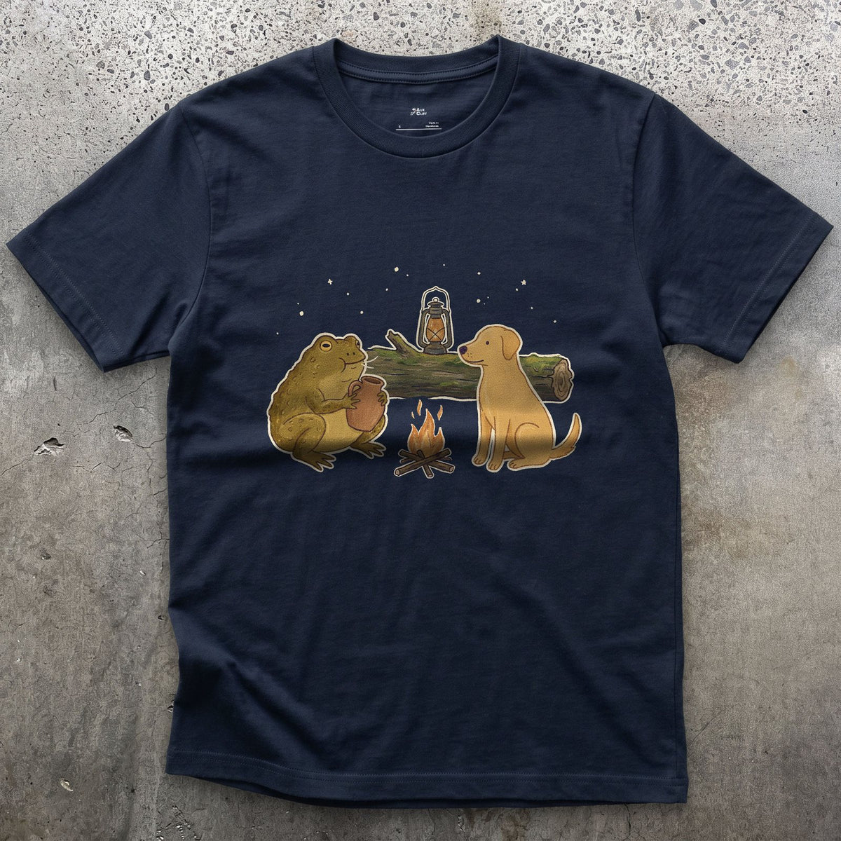 The Croak and the Jug Sound the Same, Toad at Camp design on a Navy Gildan Softstyle t-shirt