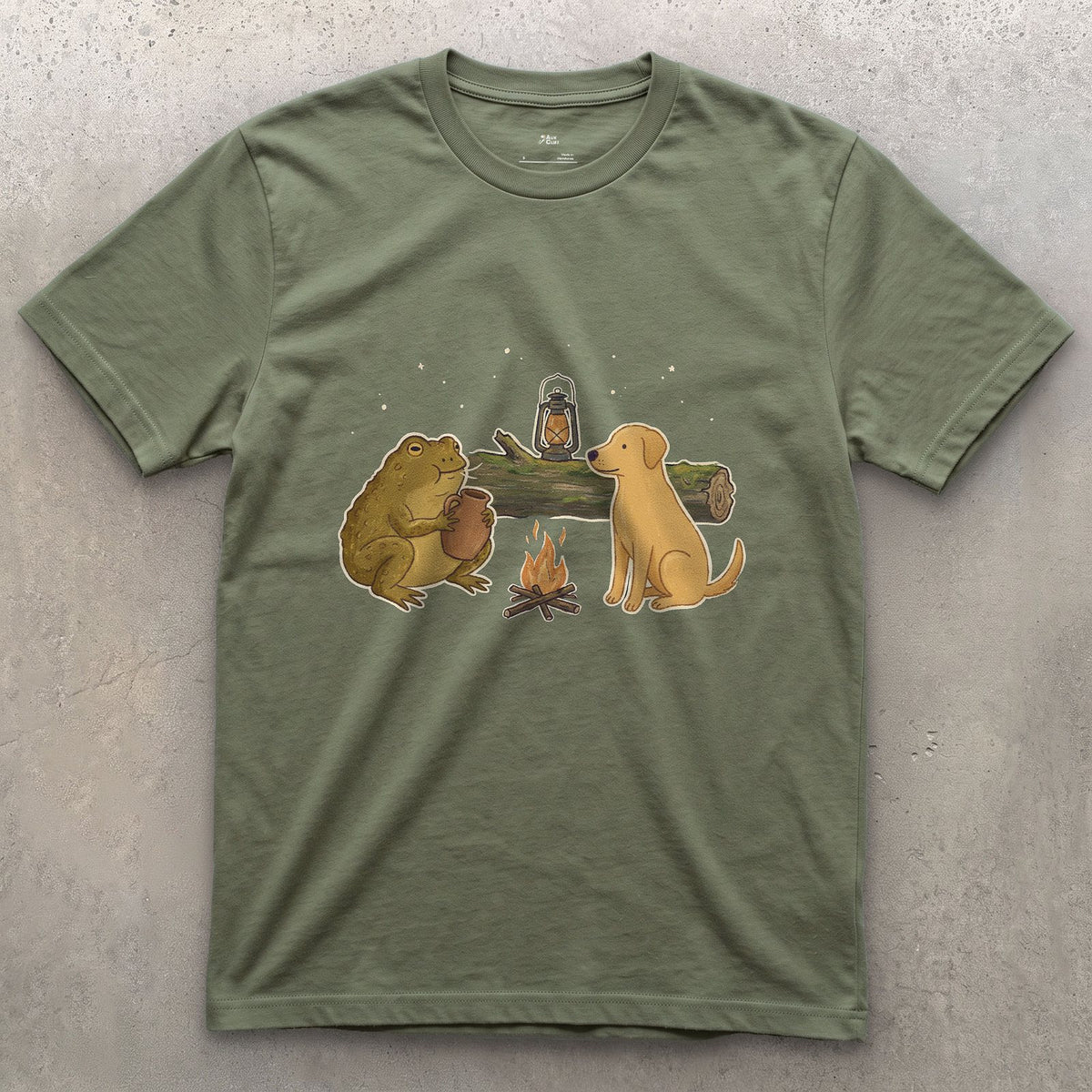 The Croak and the Jug Sound the Same, Toad at Camp design on a Military Green Gildan Softstyle t-shirt
