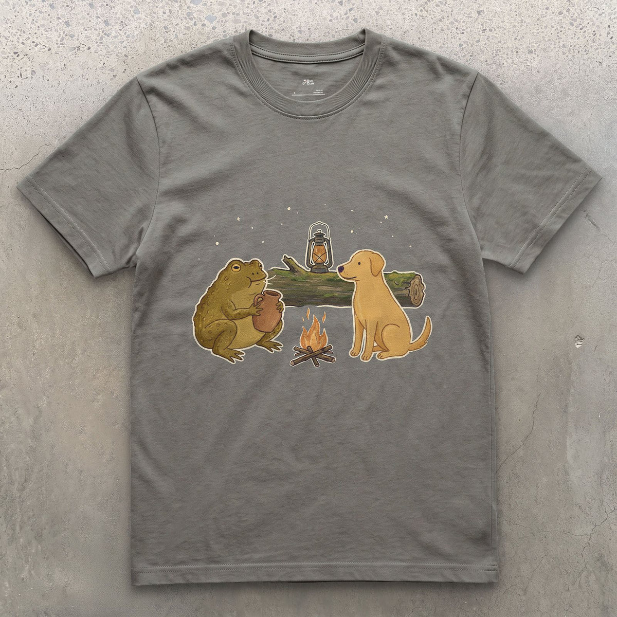 The Croak and the Jug Sound the Same, Toad at Camp design on a Charcoal Gildan Softstyle t-shirt