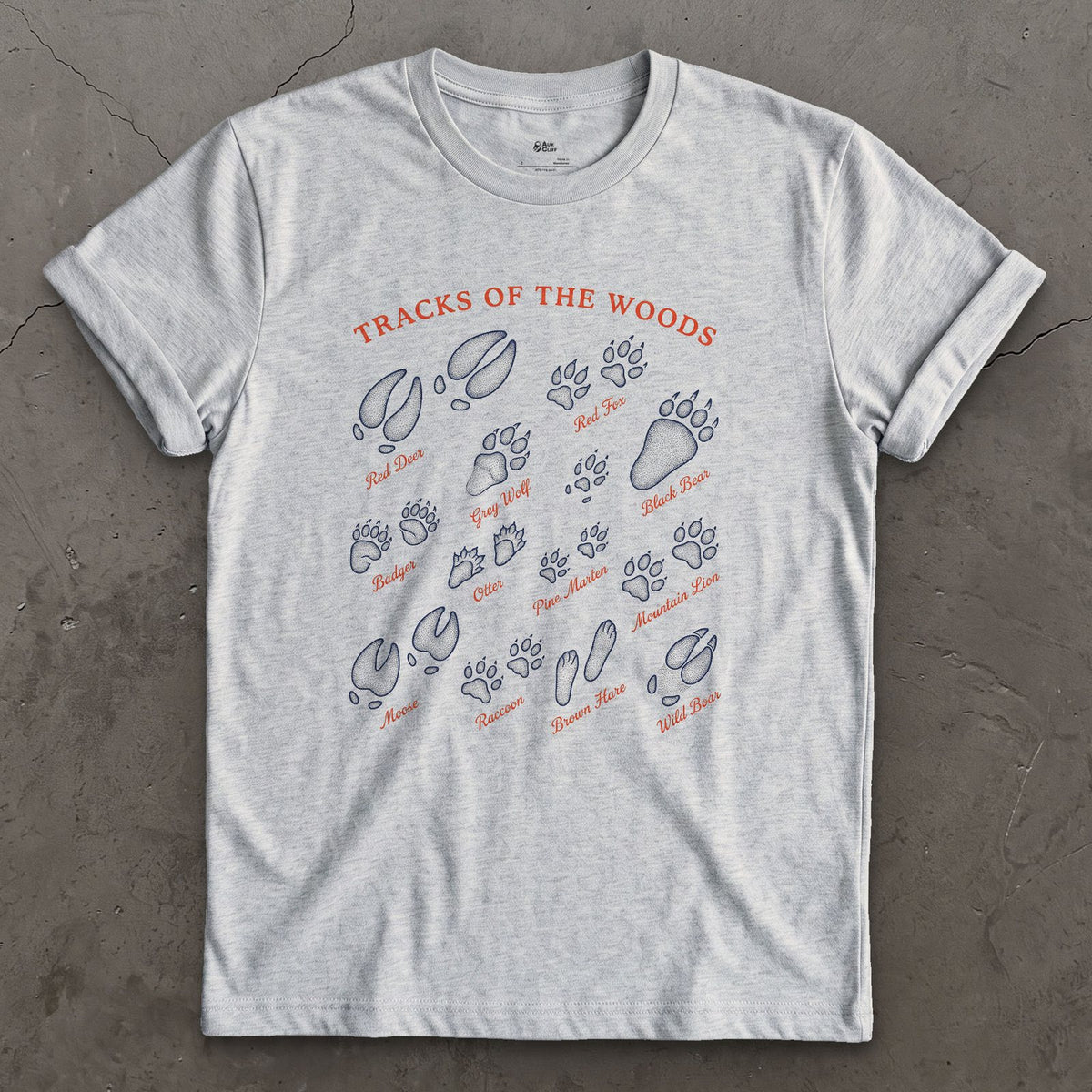 Tracks of the Woods, Wolf to Boar design on a Sport Grey Gildan Softstyle t-shirt