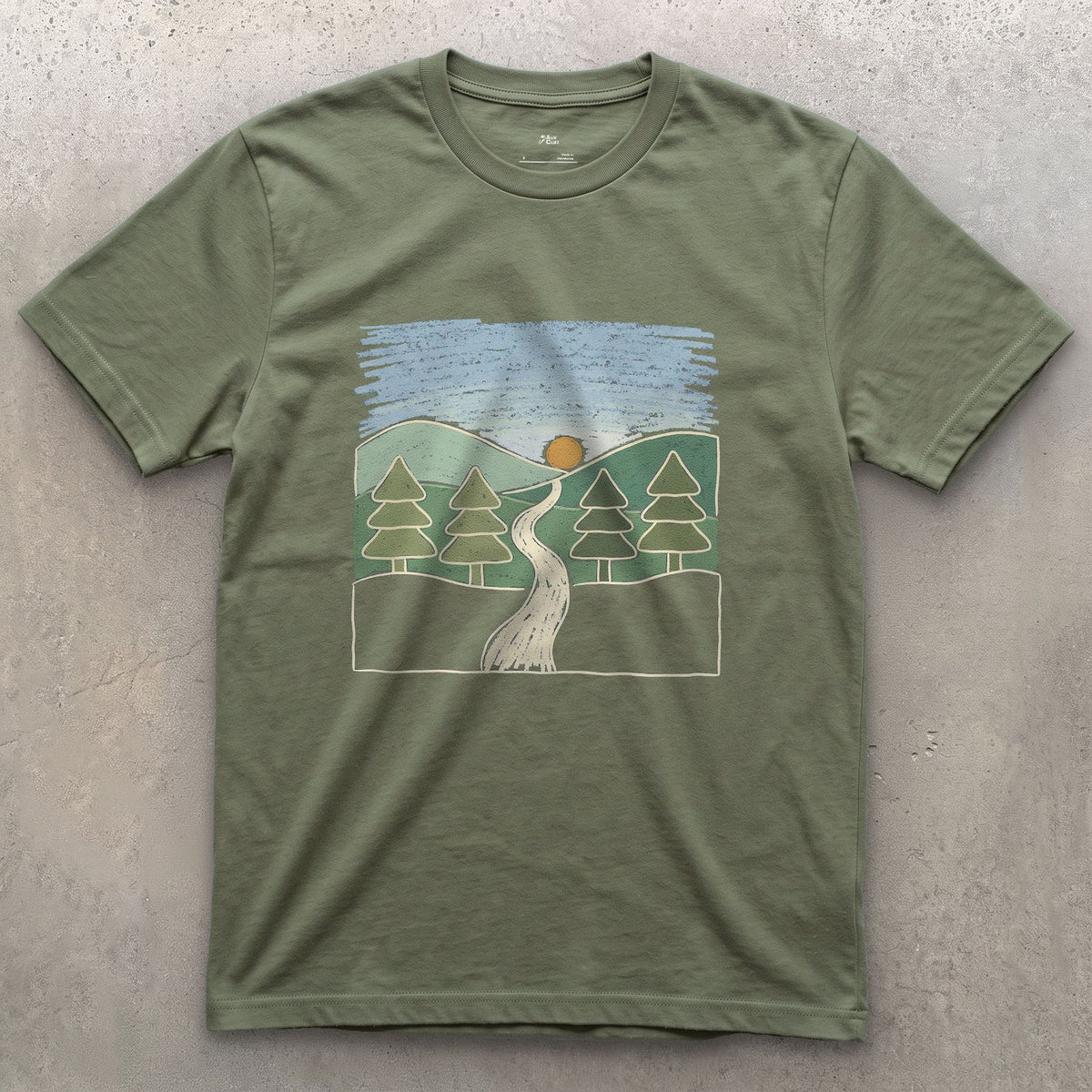 The Trail Before It Disappears Into Pines design on a Military Green Gildan Softstyle t-shirt