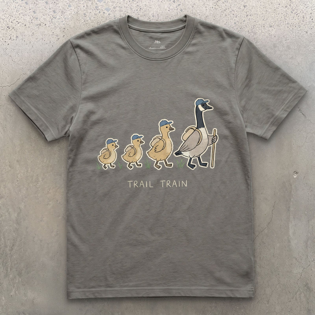 The Trail Train, Goose and Goslings design on a Charcoal Gildan Softstyle t-shirt