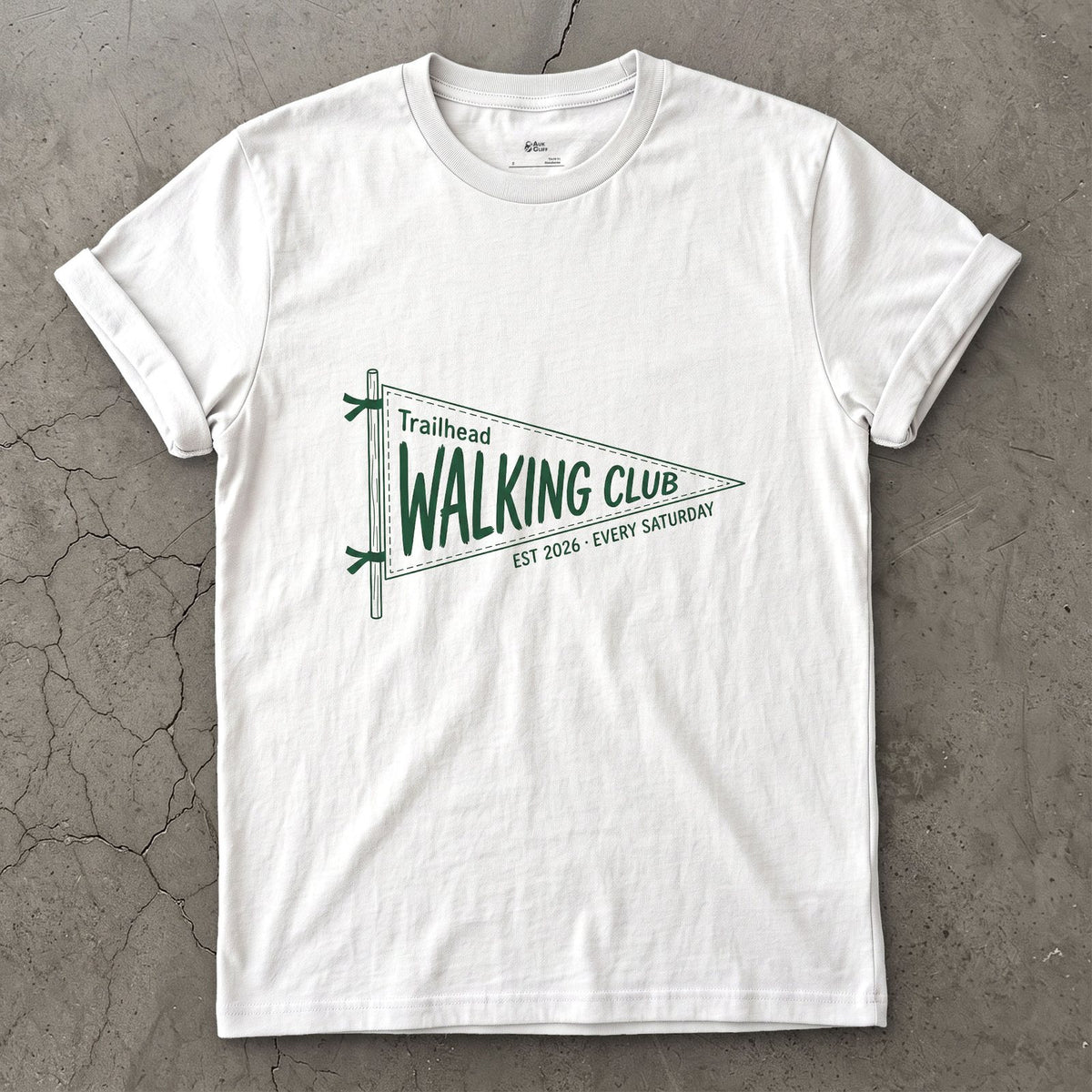 Trailhead Walking Club Meets Every Saturday design on a White Gildan Softstyle t-shirt