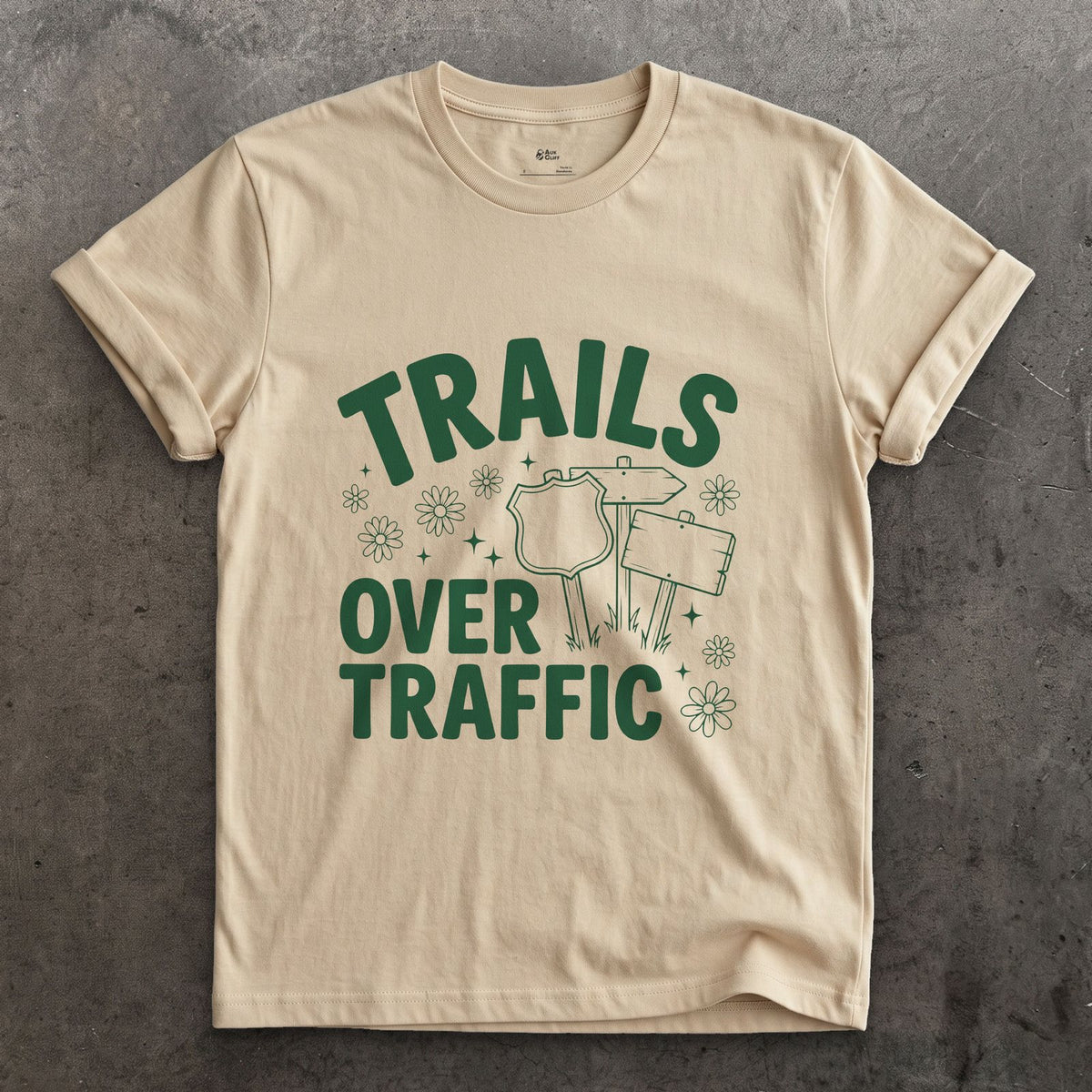 Trails Over Traffic, Trail Sign design on a Sand Gildan Softstyle t-shirt