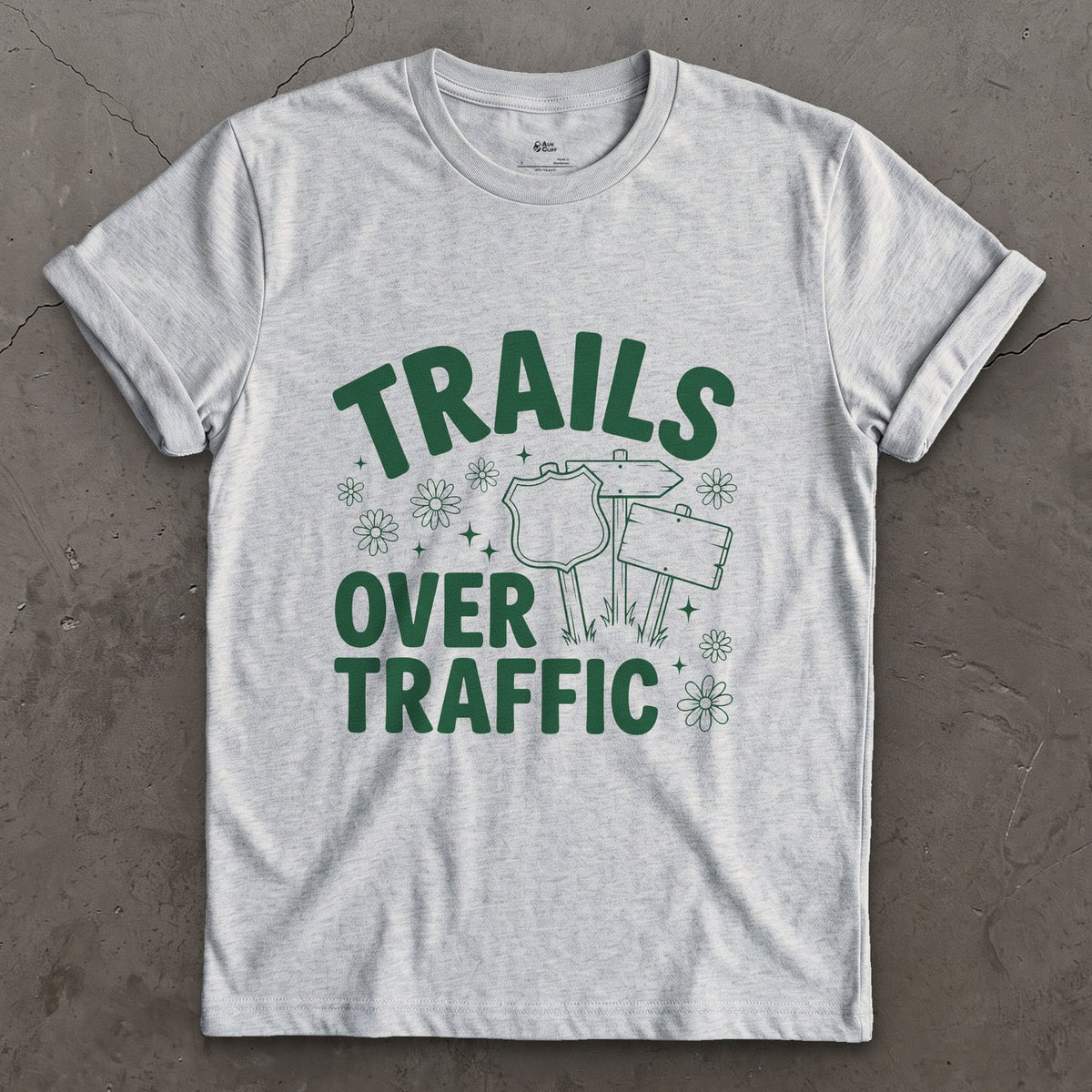 Trails Over Traffic, Trail Sign design on a Sport Grey Gildan Softstyle t-shirt