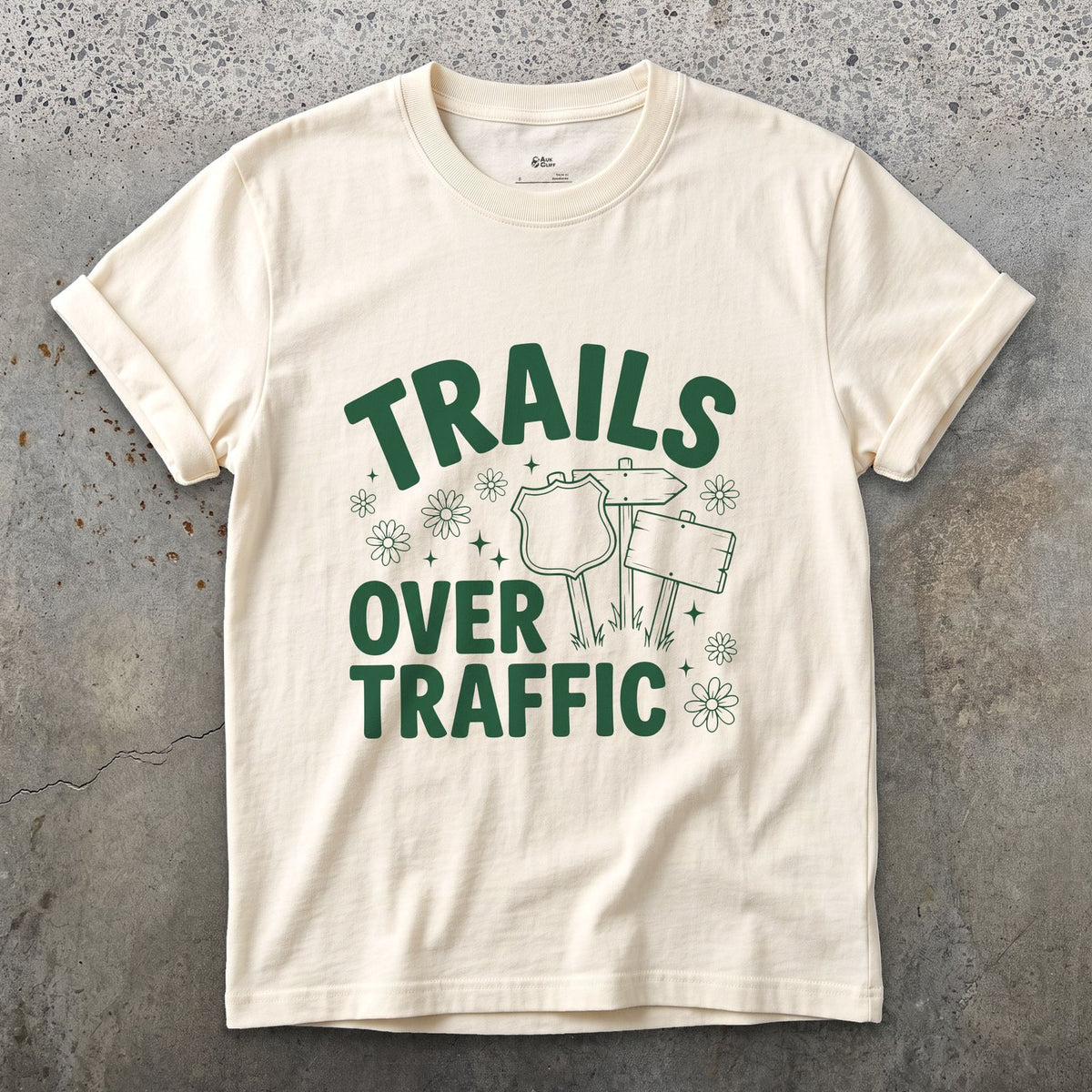Trails Over Traffic, Trail Sign design on a Natural Gildan Softstyle t-shirt