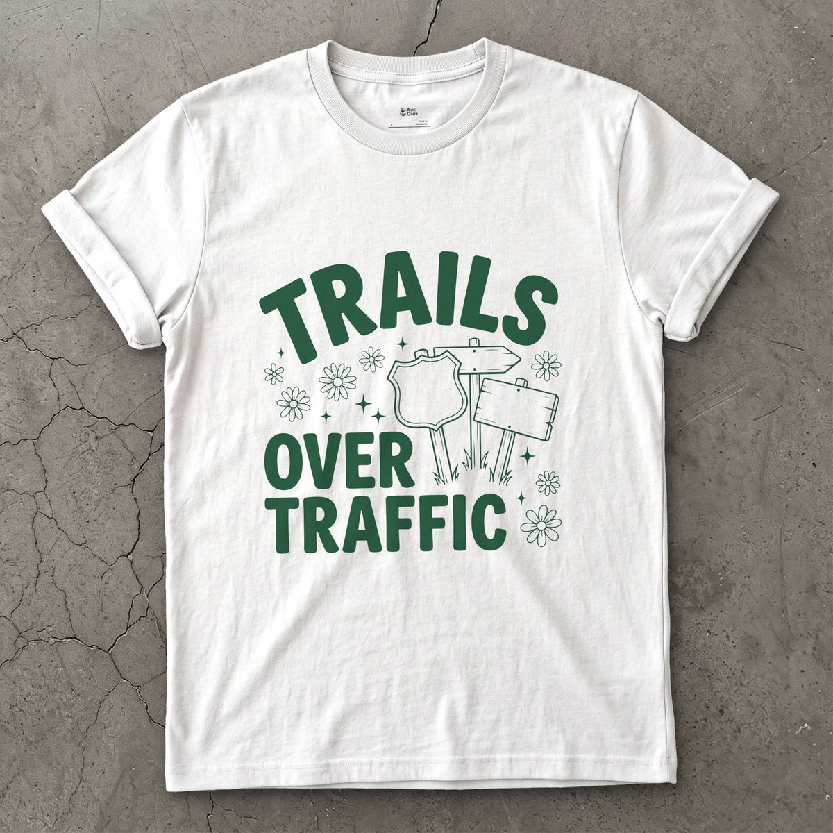 Trails Over Traffic, Trail Sign design on a White Gildan Softstyle t-shirt