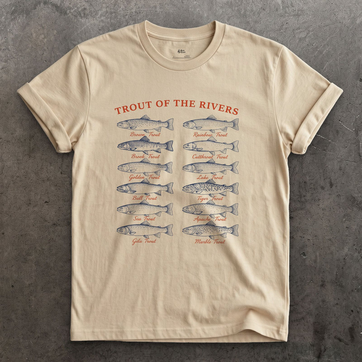 Twelve Trout, Named and Labelled design on a Sand Gildan Softstyle t-shirt