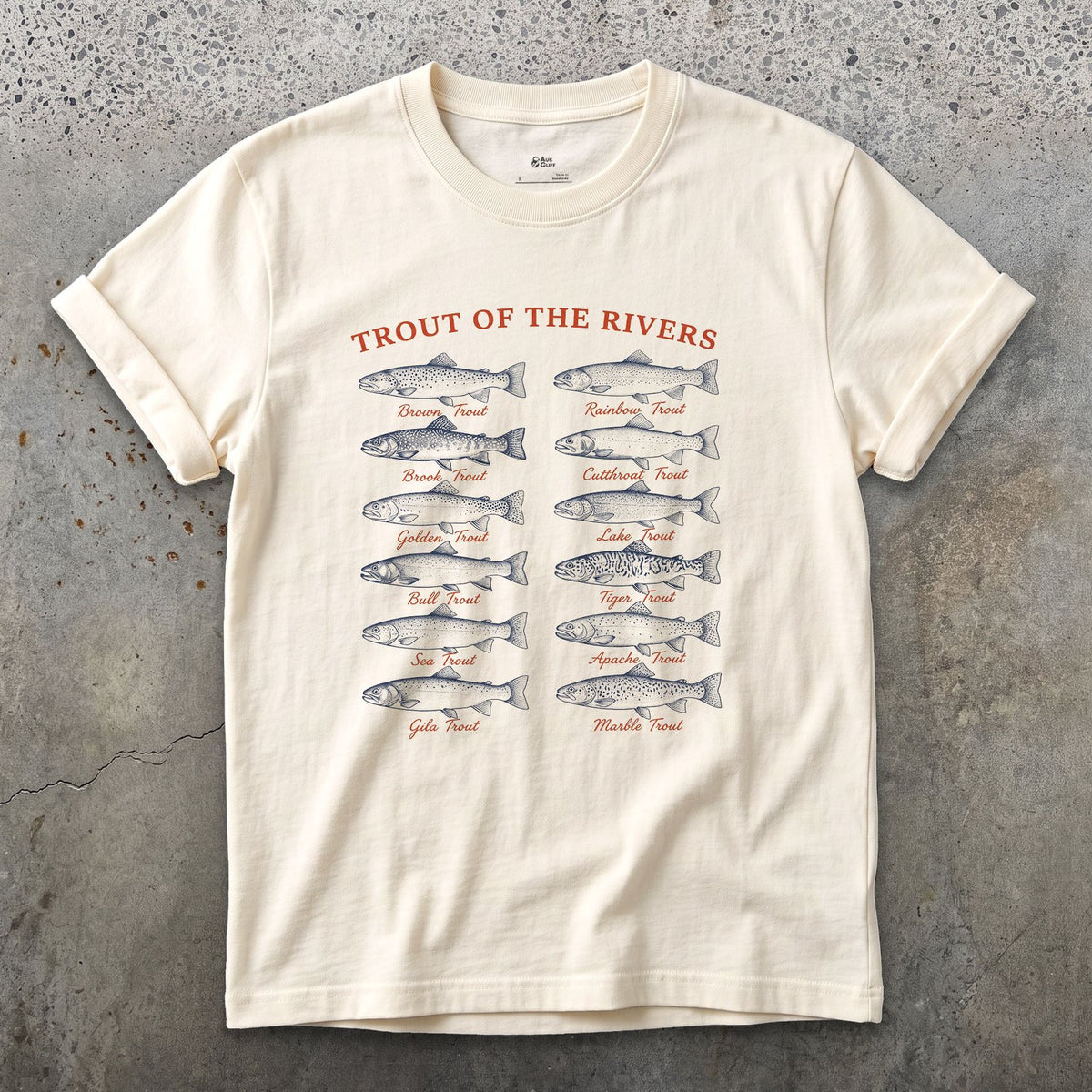 Twelve Trout, Named and Labelled design on a Natural Gildan Softstyle t-shirt
