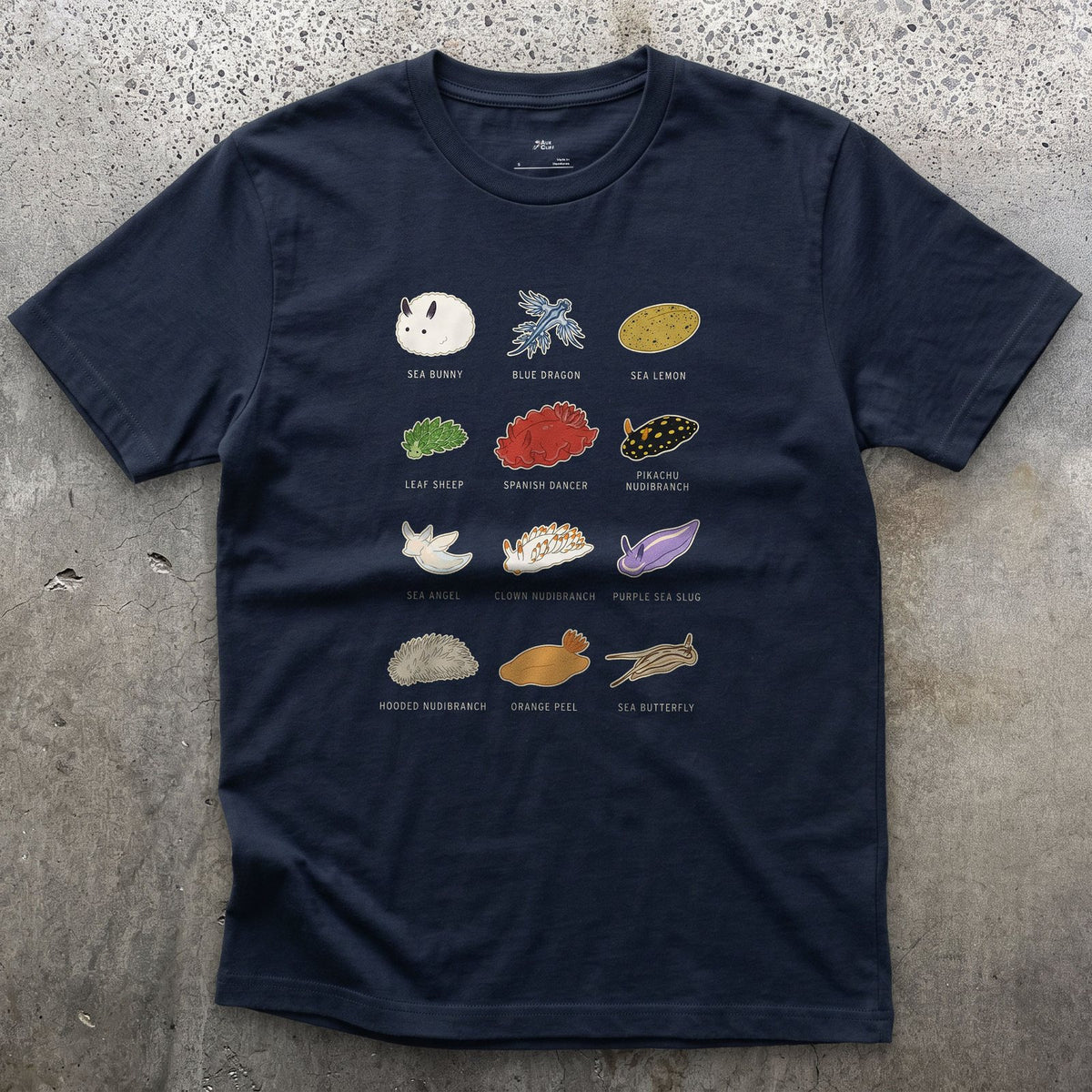 Sea Bunny to Blue Dragon, Twelve Nudibranchs design on a Navy Gildan Softstyle t-shirt