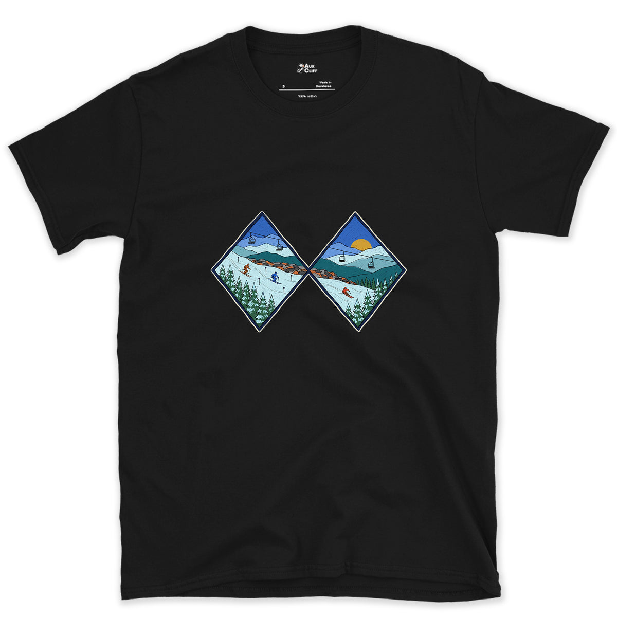 Two Diamonds and a Steep Face design on a Black Gildan Softstyle t-shirt