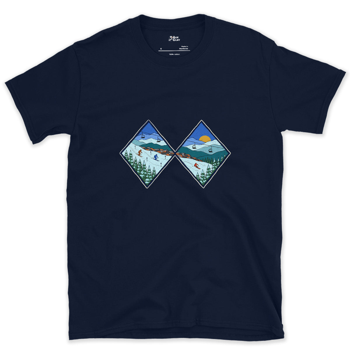 Two Diamonds and a Steep Face design on a Navy Gildan Softstyle t-shirt