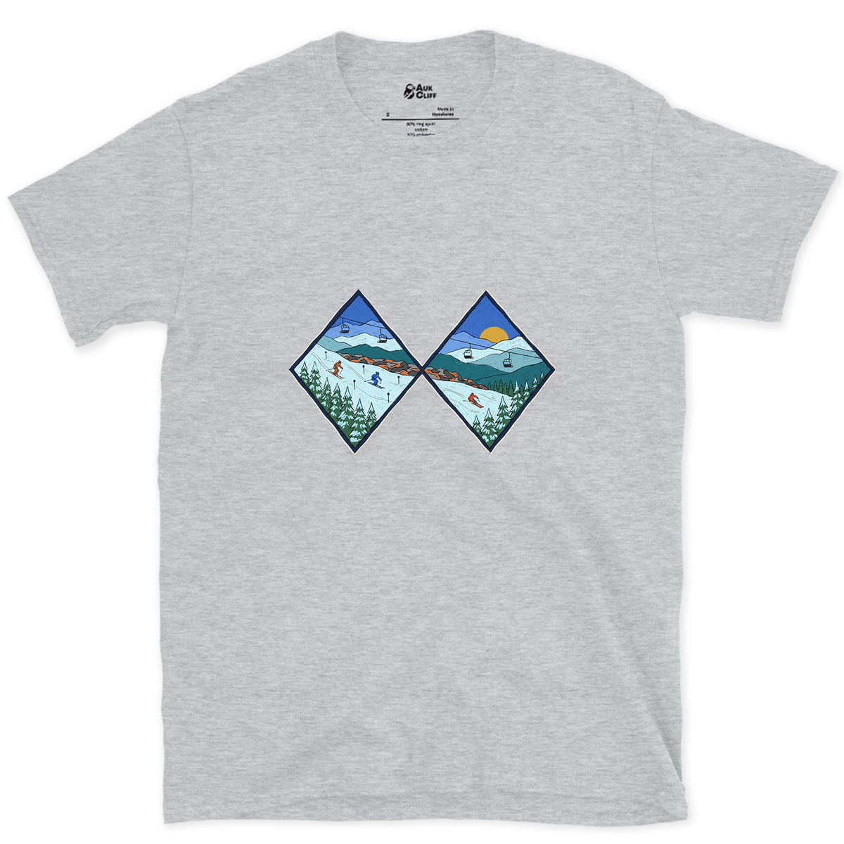 Two Diamonds and a Steep Face design on a Sport Grey Gildan Softstyle t-shirt