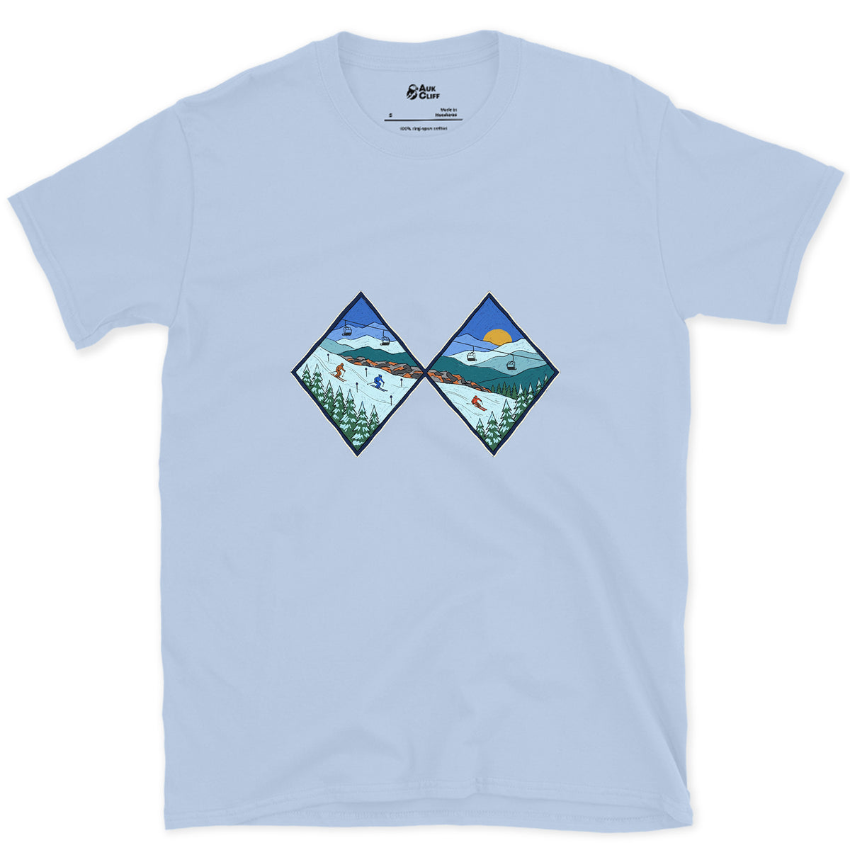 Two Diamonds and a Steep Face design on a Light Blue Gildan Softstyle t-shirt