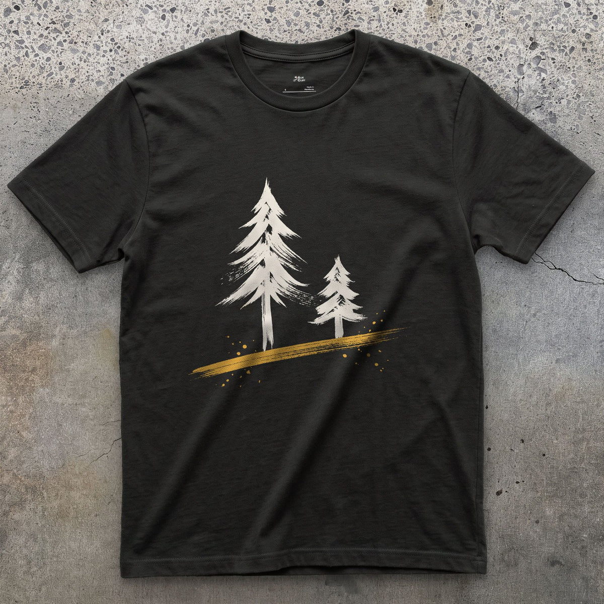 Two Pines, One Older design on a Black Gildan Softstyle t-shirt