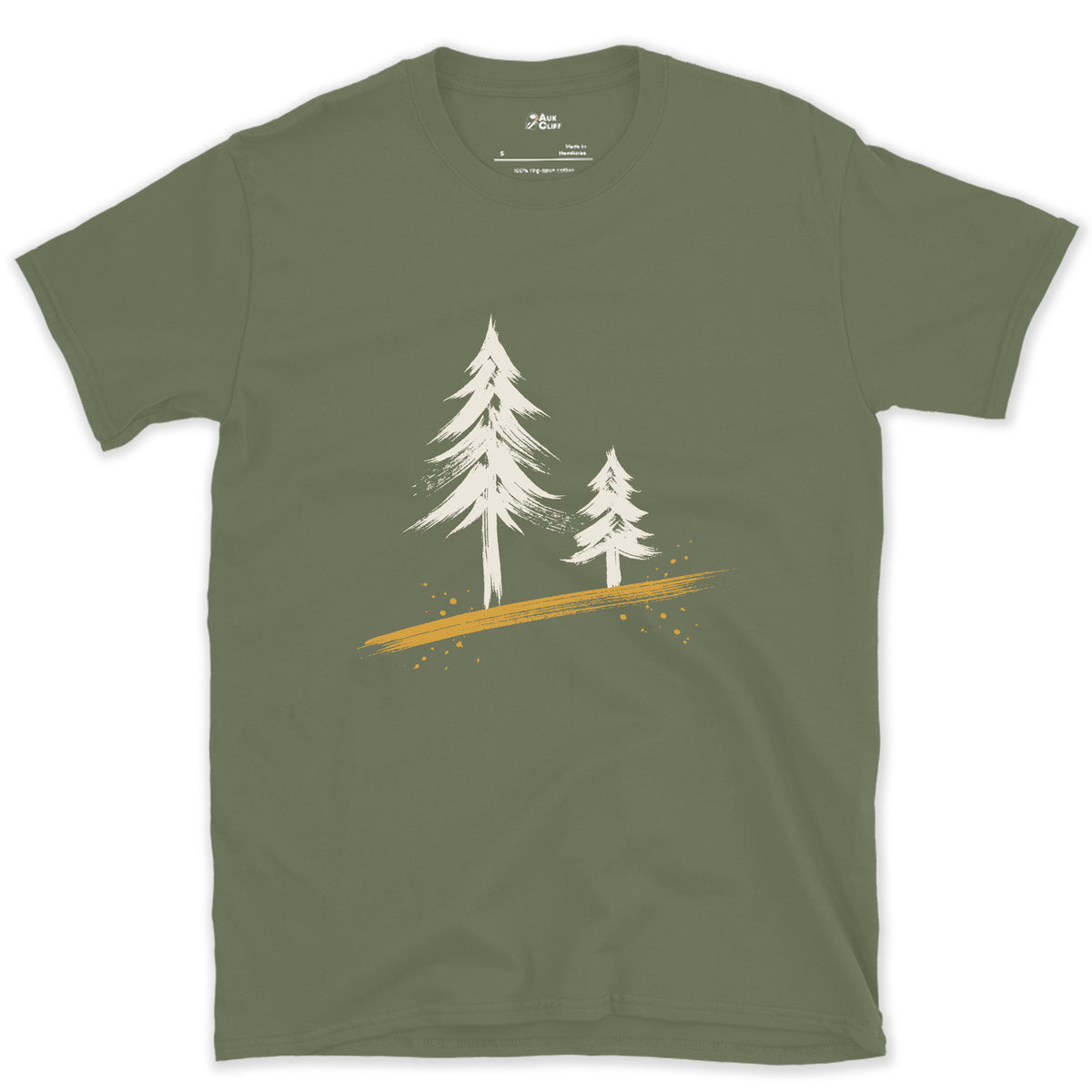 Two Pines, One Older design on a Military Green Gildan Softstyle t-shirt