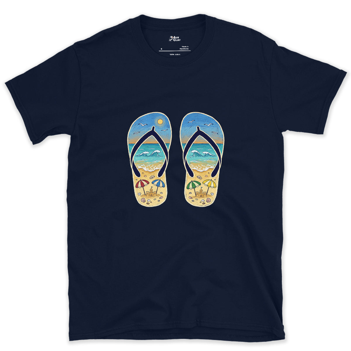 Two Soles, One Whole Beach design on a Navy Gildan Softstyle t-shirt