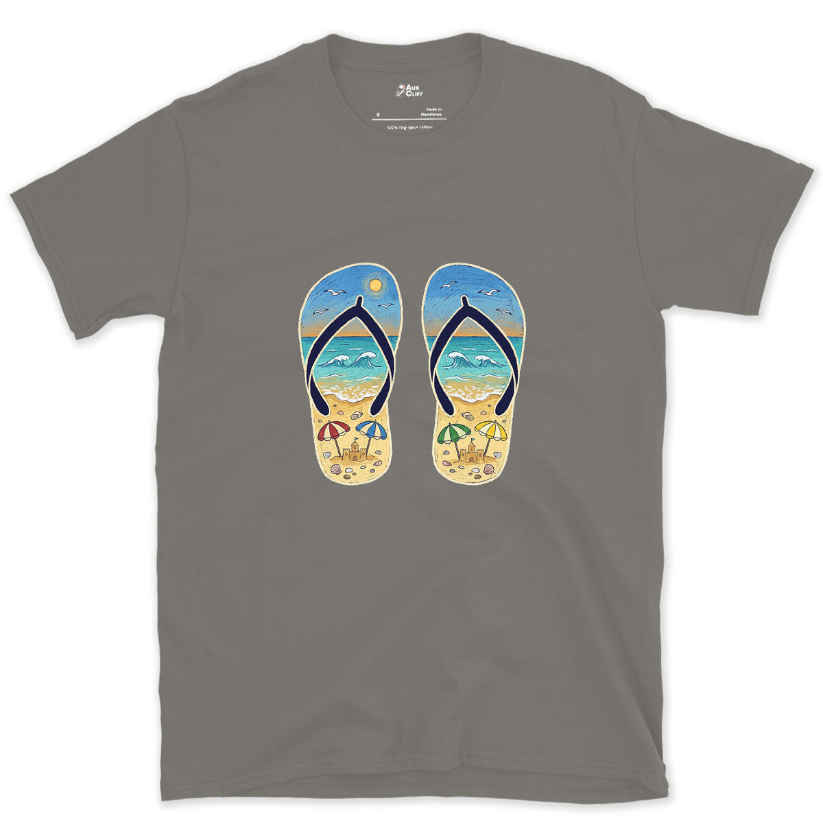 Two Soles, One Whole Beach design on a Charcoal Gildan Softstyle t-shirt