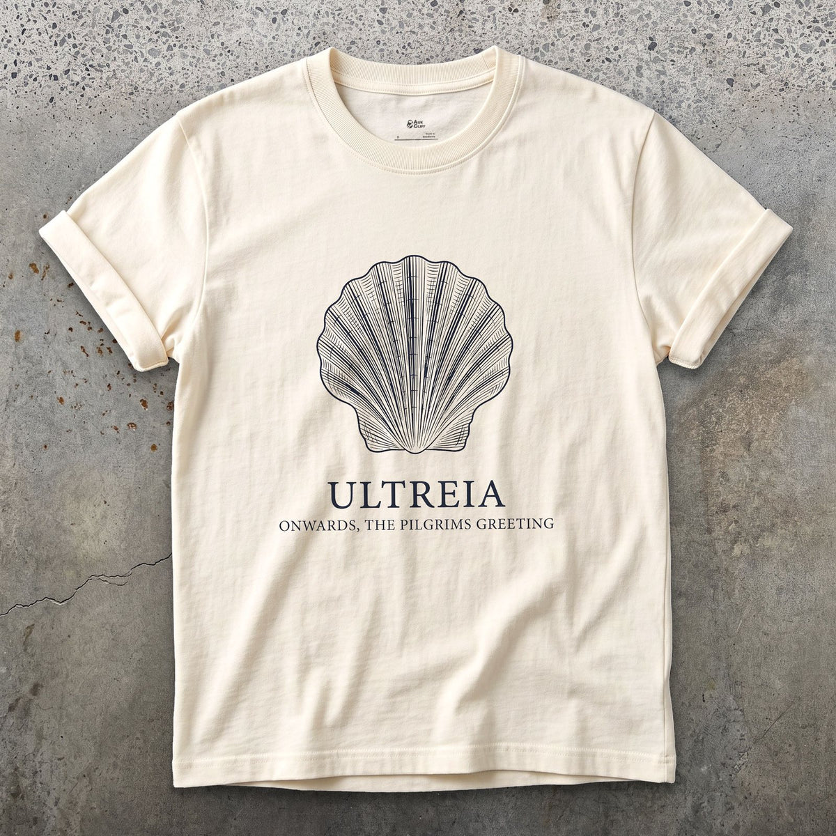 Ultreia, Onwards, the Pilgrim's Greeting design on a Natural Gildan Softstyle t-shirt