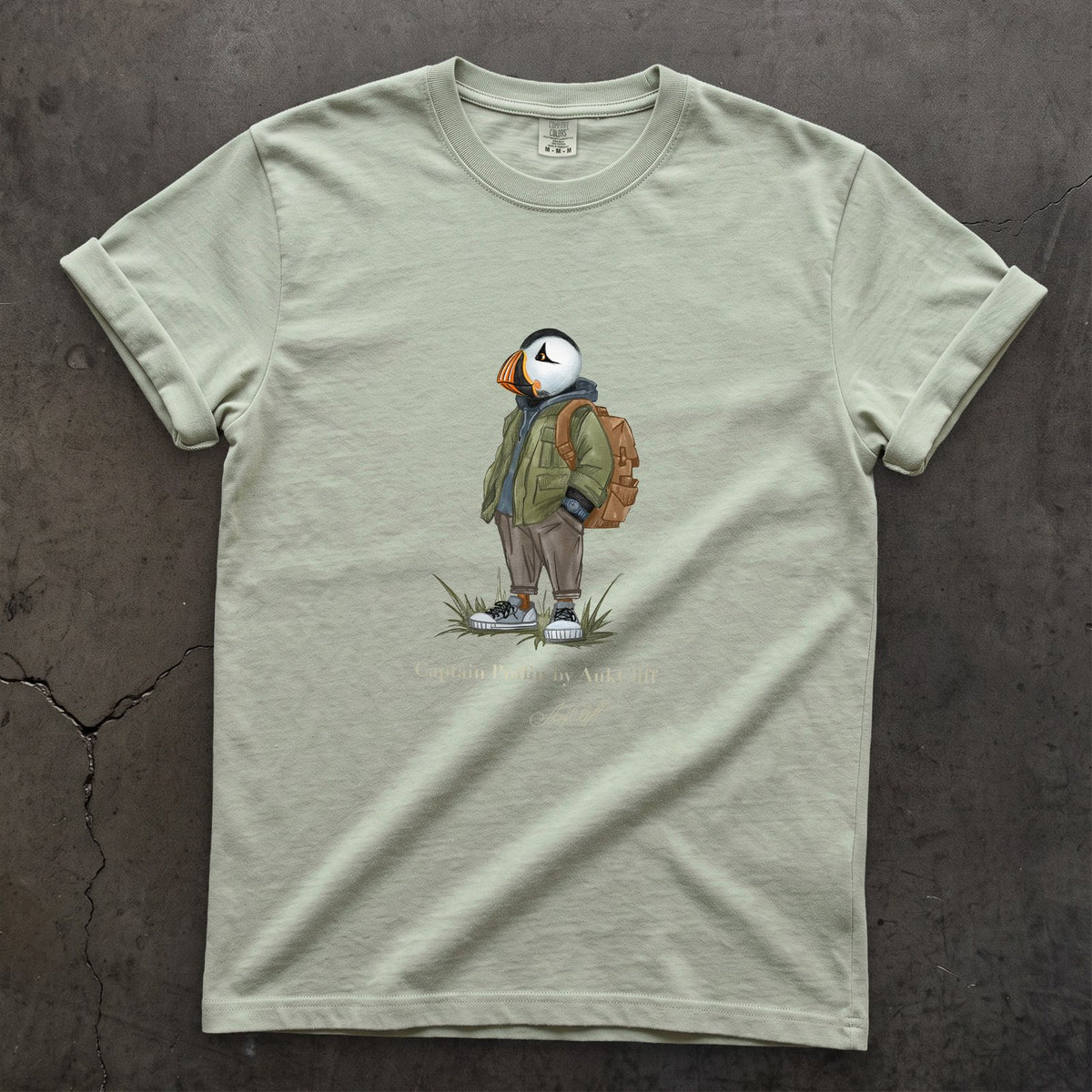 Captain Puffin Urban Hiker on a Bay Comfort Colors t-shirt