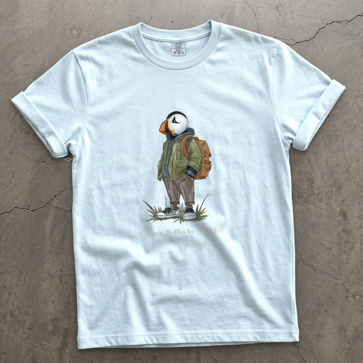 Captain Puffin Urban Hiker on a Chambray Comfort Colors t-shirt