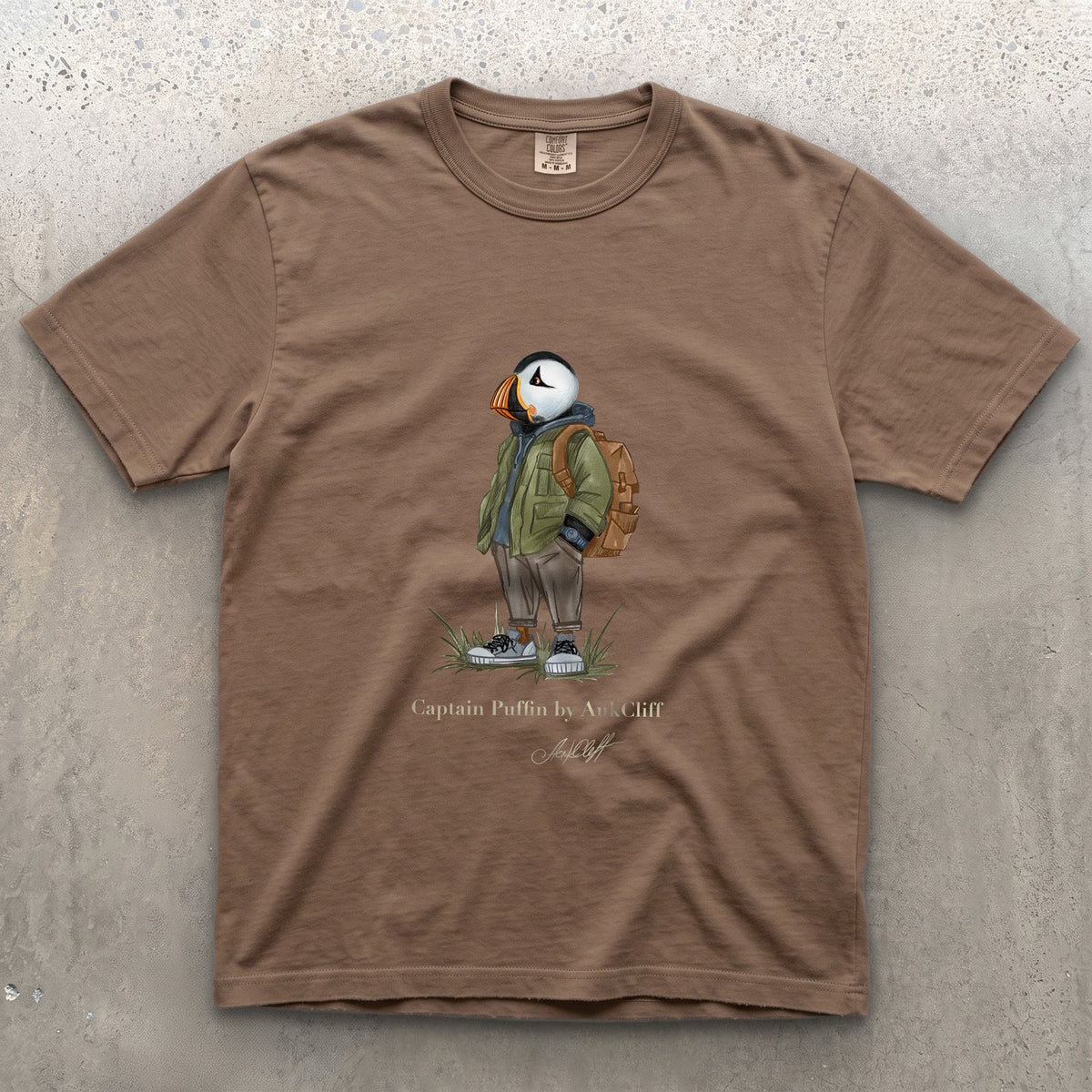 Captain Puffin Urban Hiker on a Espresso Comfort Colors t-shirt