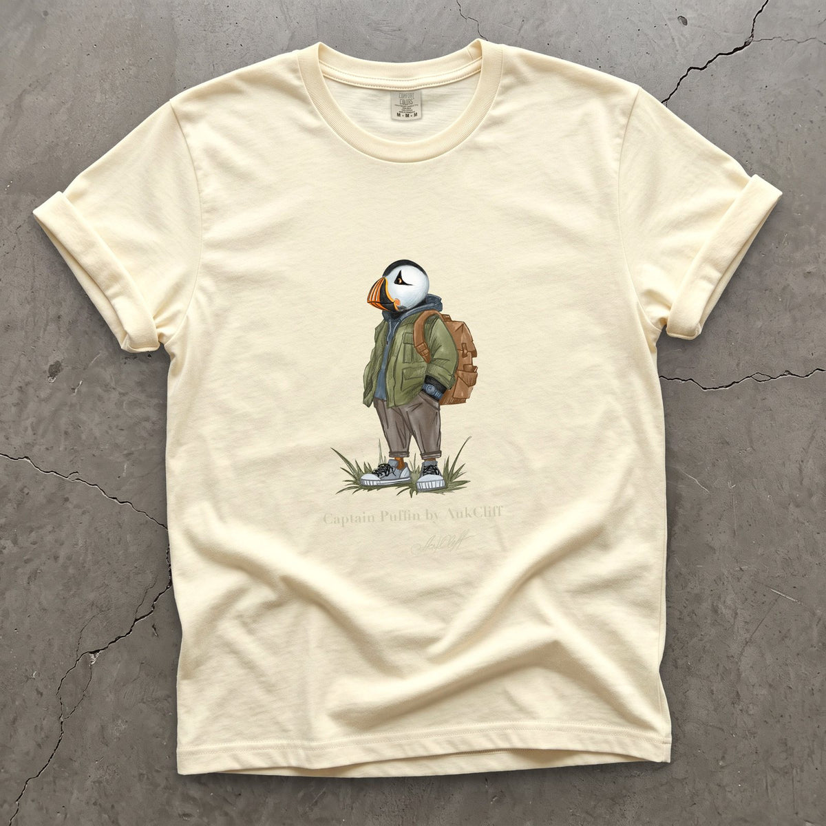 Captain Puffin Urban Hiker on a Ivory Comfort Colors t-shirt