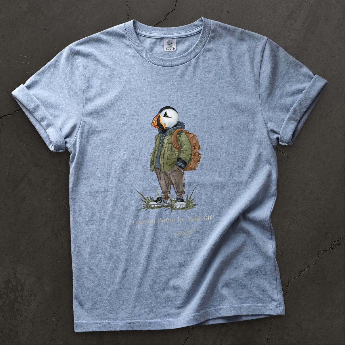 Captain Puffin Urban Hiker on a Washed Denim Comfort Colors t-shirt