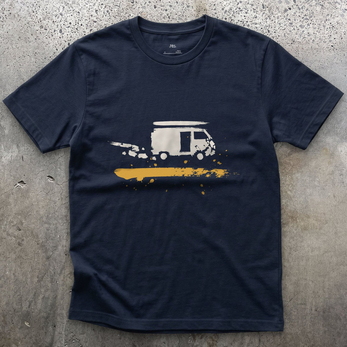 Van, End of the Track design on a Navy Gildan Softstyle t-shirt