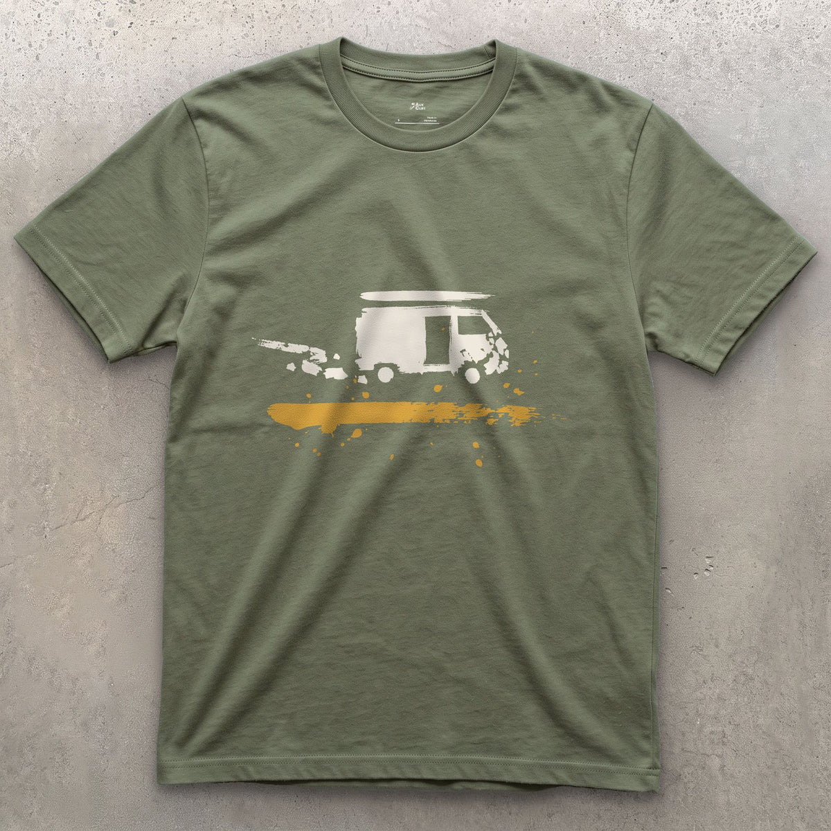 Van, End of the Track design on a Military Green Gildan Softstyle t-shirt
