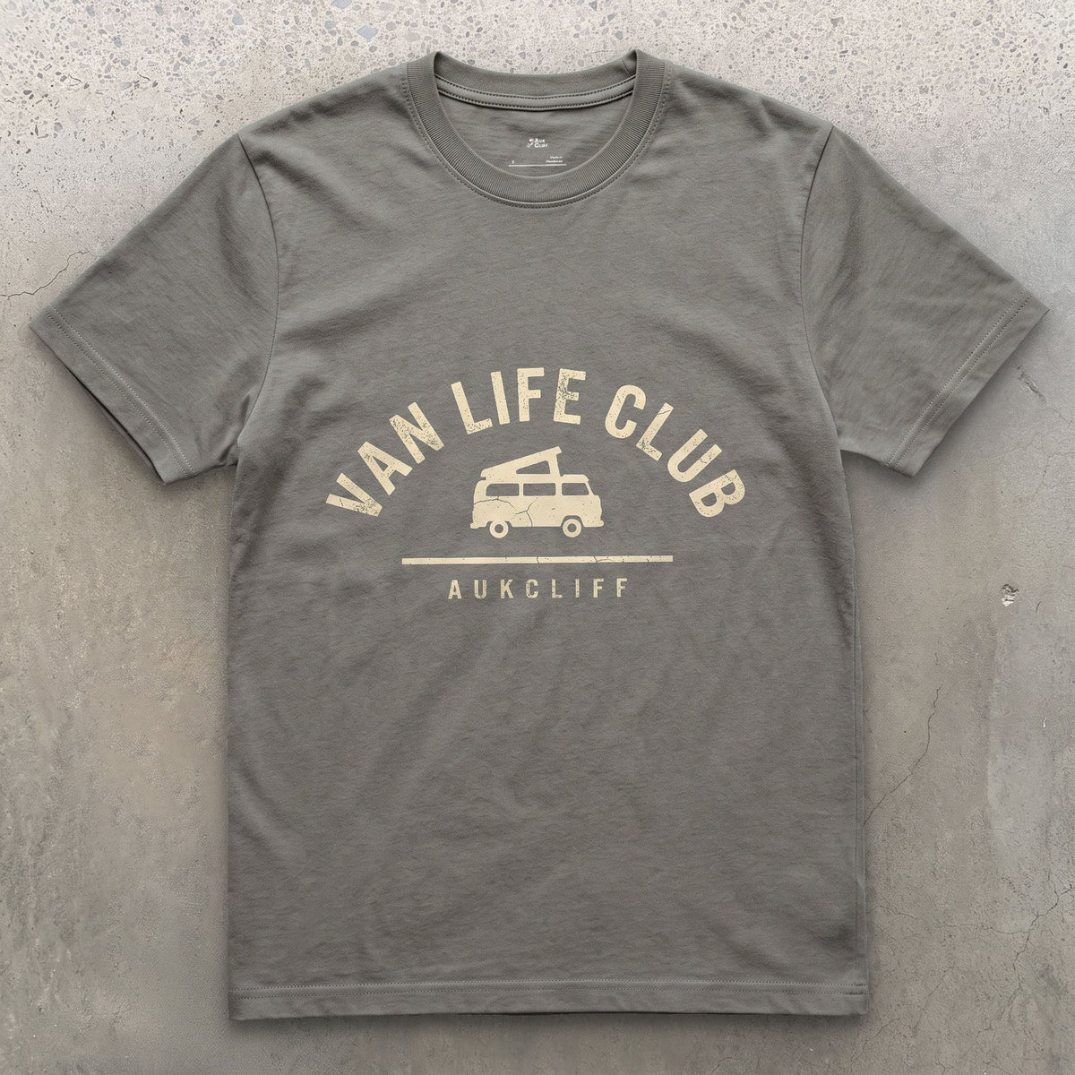 Van Life Club Arch Badge, Van at the Centre design on a Charcoal Gildan Softstyle t-shirt