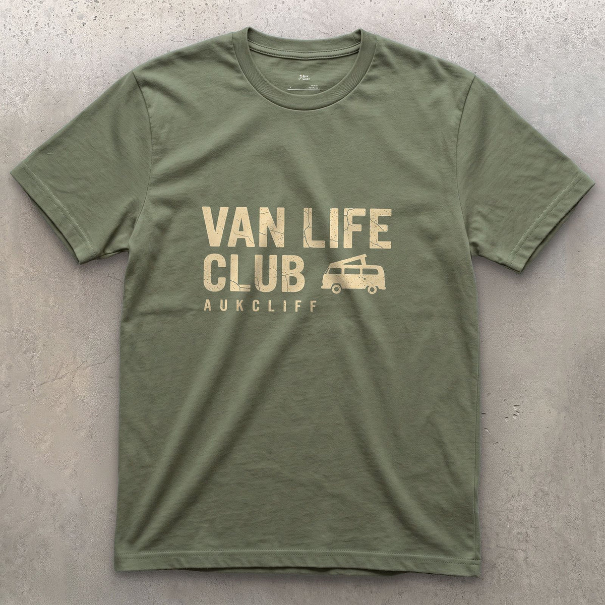 Van Life Club Flush Left for a Corner design on a Military Green Gildan Softstyle t-shirt