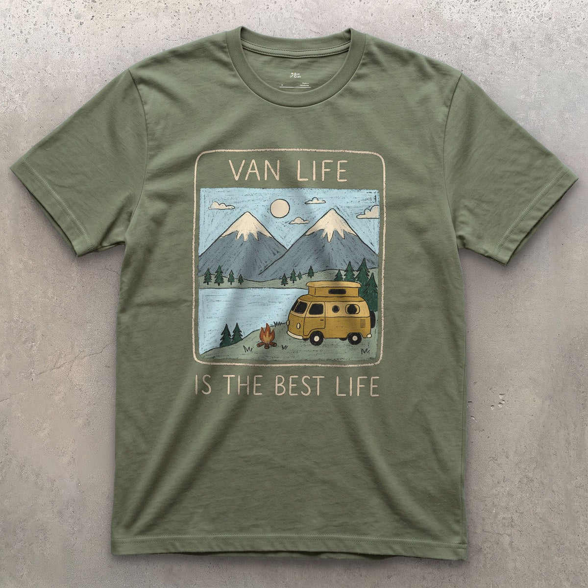 Campfire at the Lake, Van Life Is the Best Life design on a Military Green Gildan Softstyle t-shirt