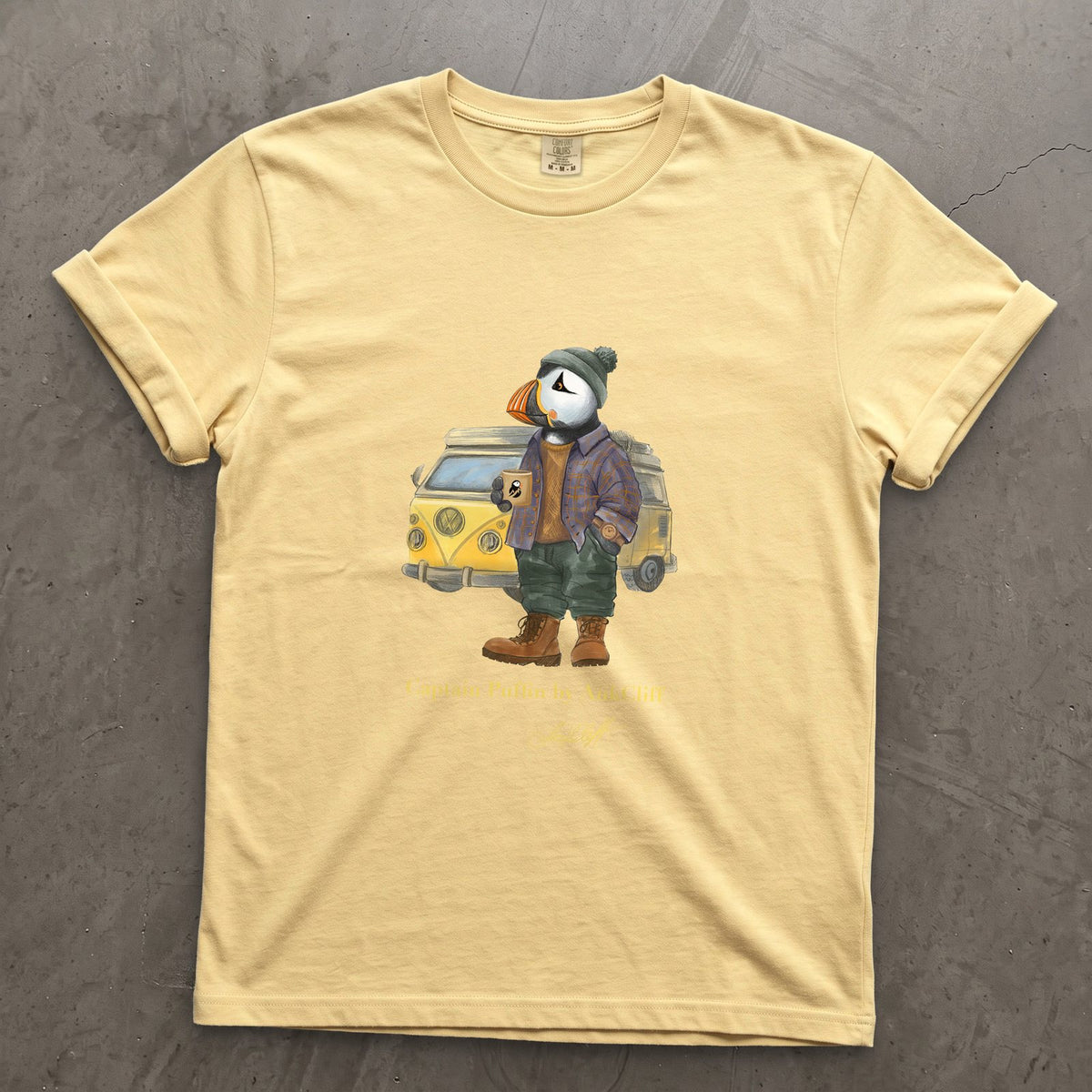 Captain Puffin Van Life on a Butter Comfort Colors t-shirt