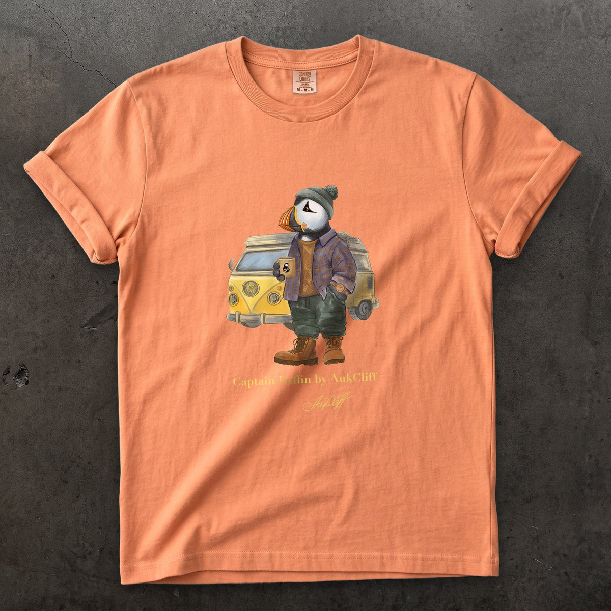 Captain Puffin Van Life on a Terracotta Comfort Colors t-shirt
